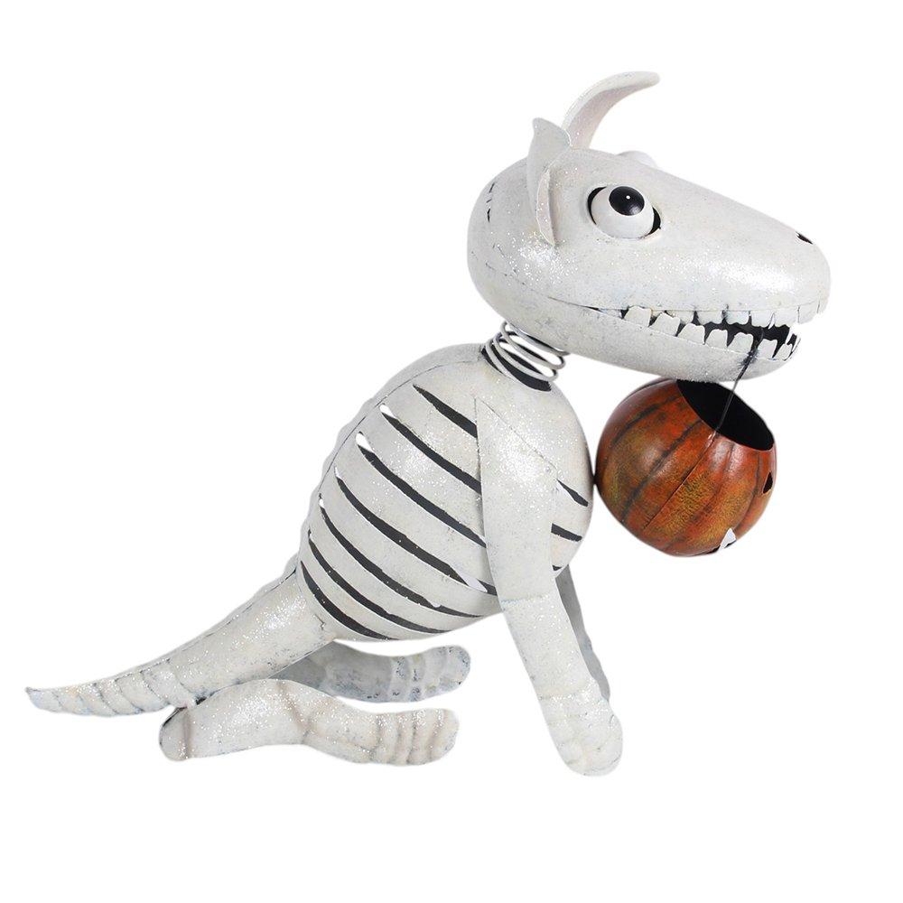 White - Something Different - Metal Skeleton Dog Ornament with Pumpkin - 3