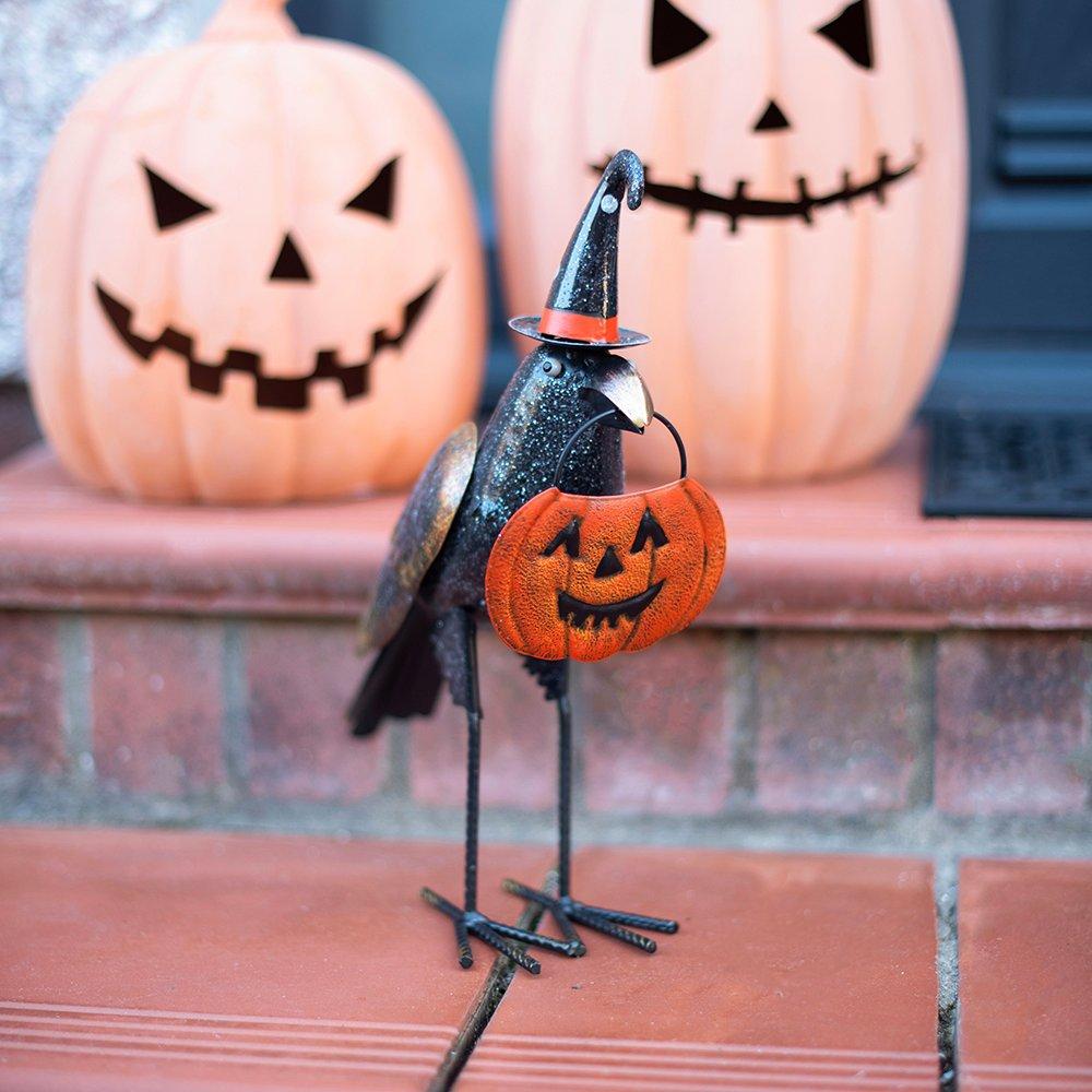 White - Something Different - Metal Glitter Raven Ornament with Pumpkin - 1