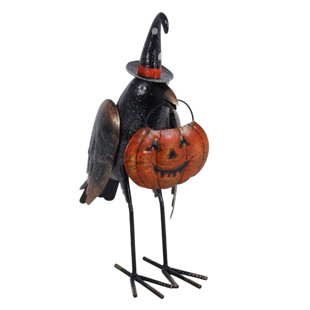 White - Something Different - Metal Glitter Raven Ornament with Pumpkin - 2