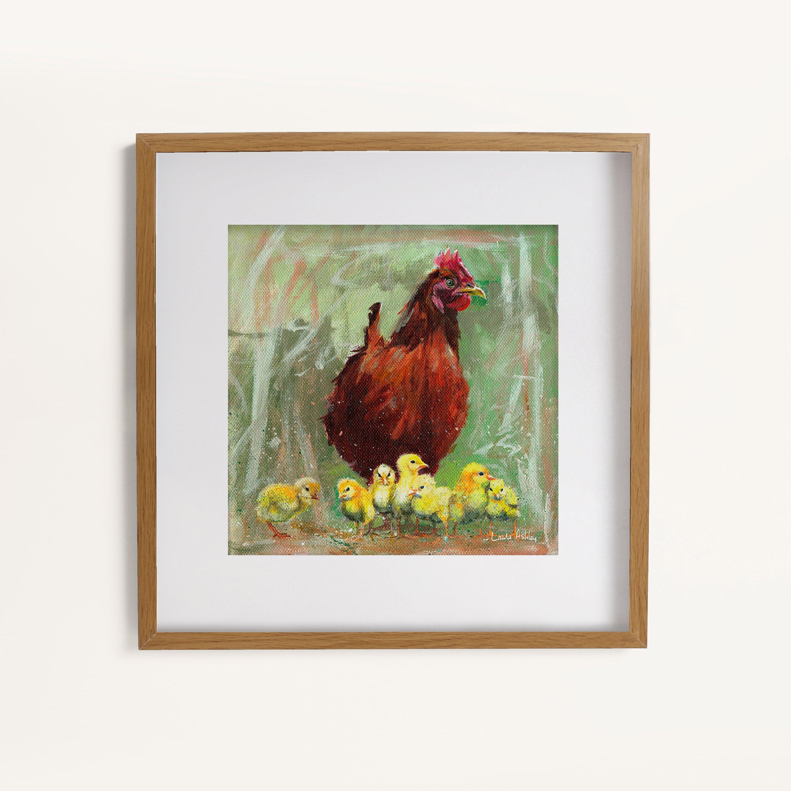 Green - Laura Ashley - Hen & Chicks Print in a Wood Frame - 1