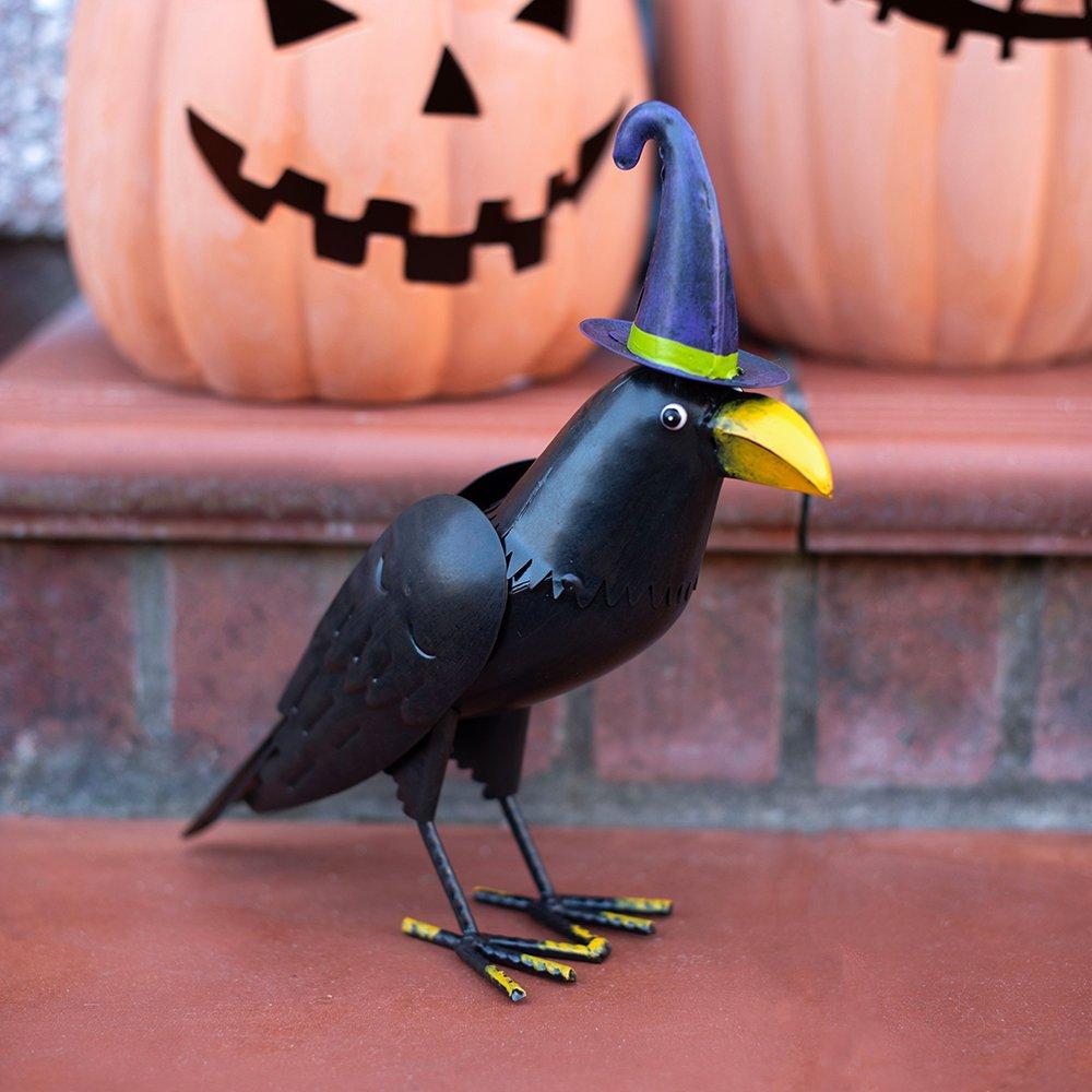 Something Different Metal Raven Ornament with Witch Hat