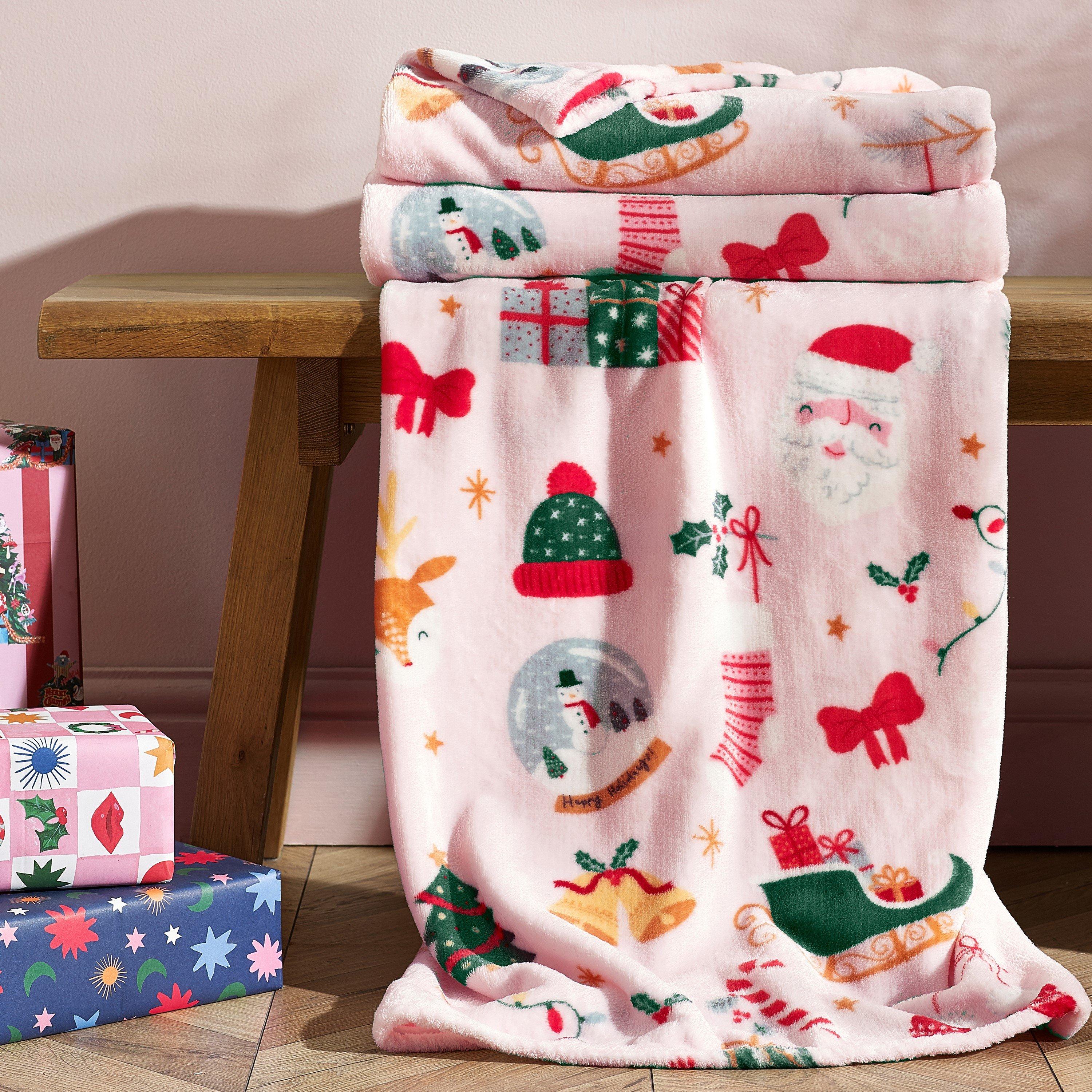 Pink - Catherine Lansfield - Christmas Happy Holidays Cosy Fleece Blanket Throw - 1