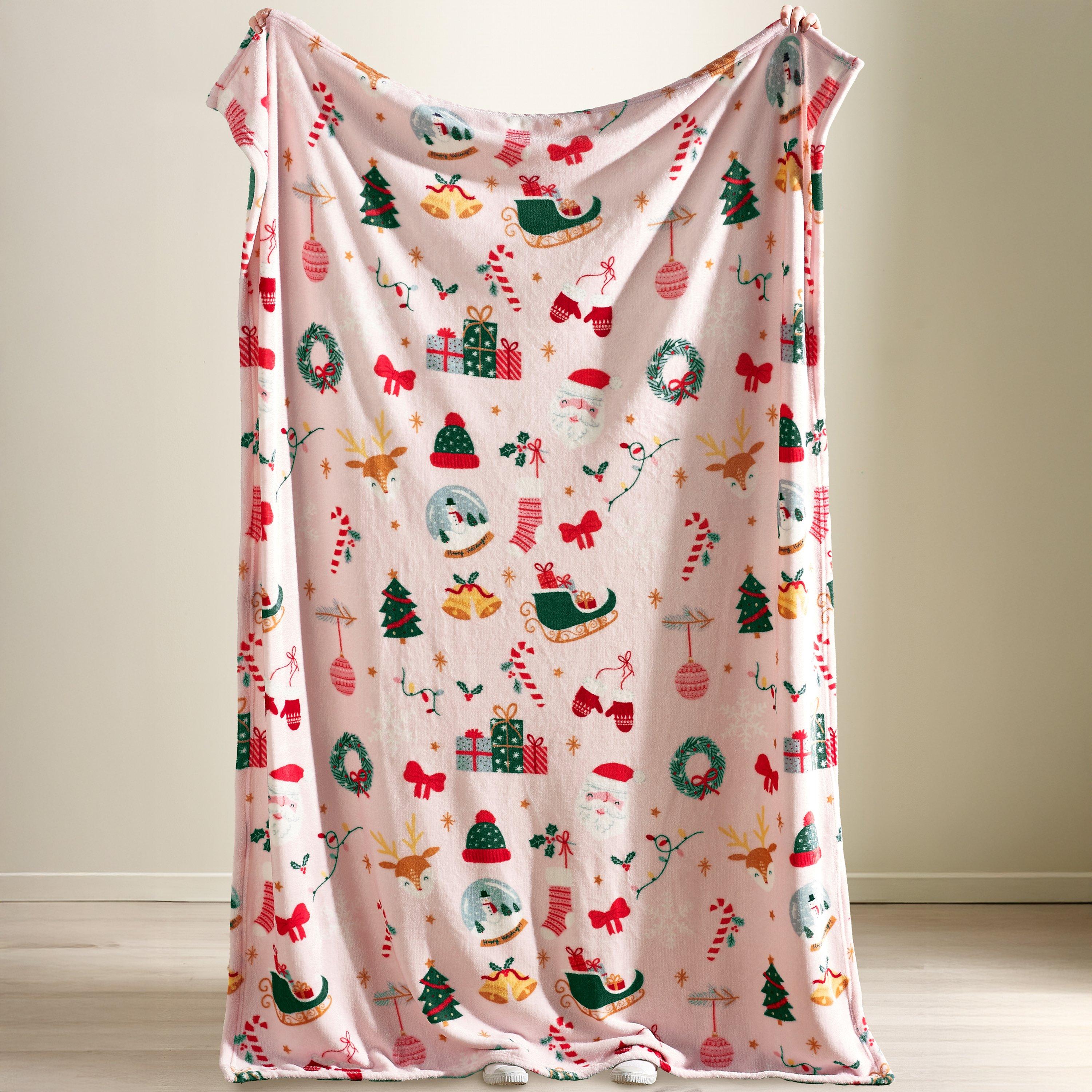 Pink - Catherine Lansfield - Christmas Happy Holidays Cosy Fleece Blanket Throw - 2