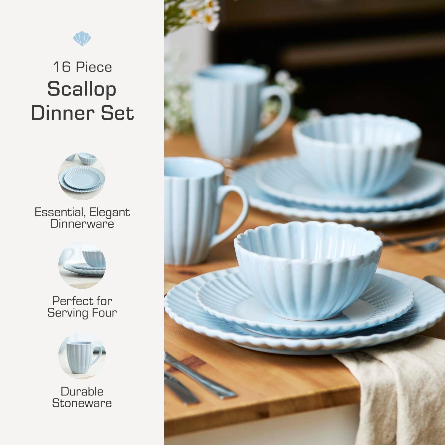 Blue - Swan - 16 Piece Scallop Edge Stoneware Dinner Blue - 2