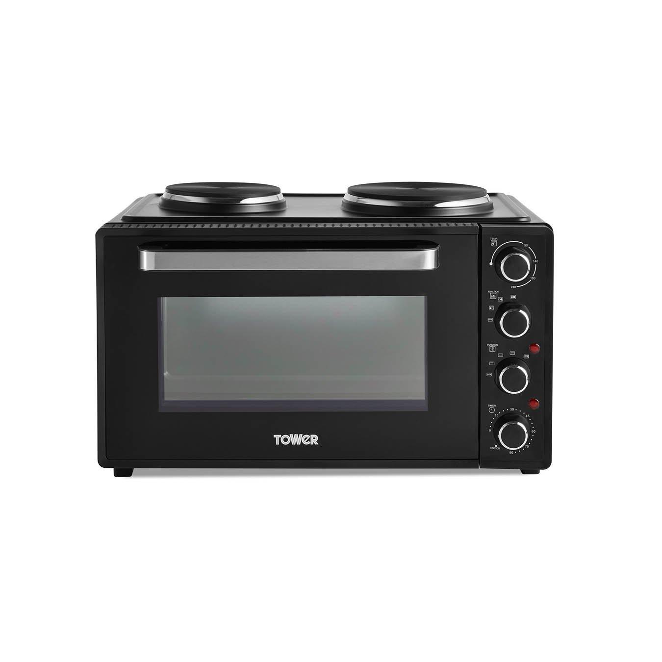 Black - Tower - 42 Litre Mini Oven with Hot Plates - Black with Si - 1
