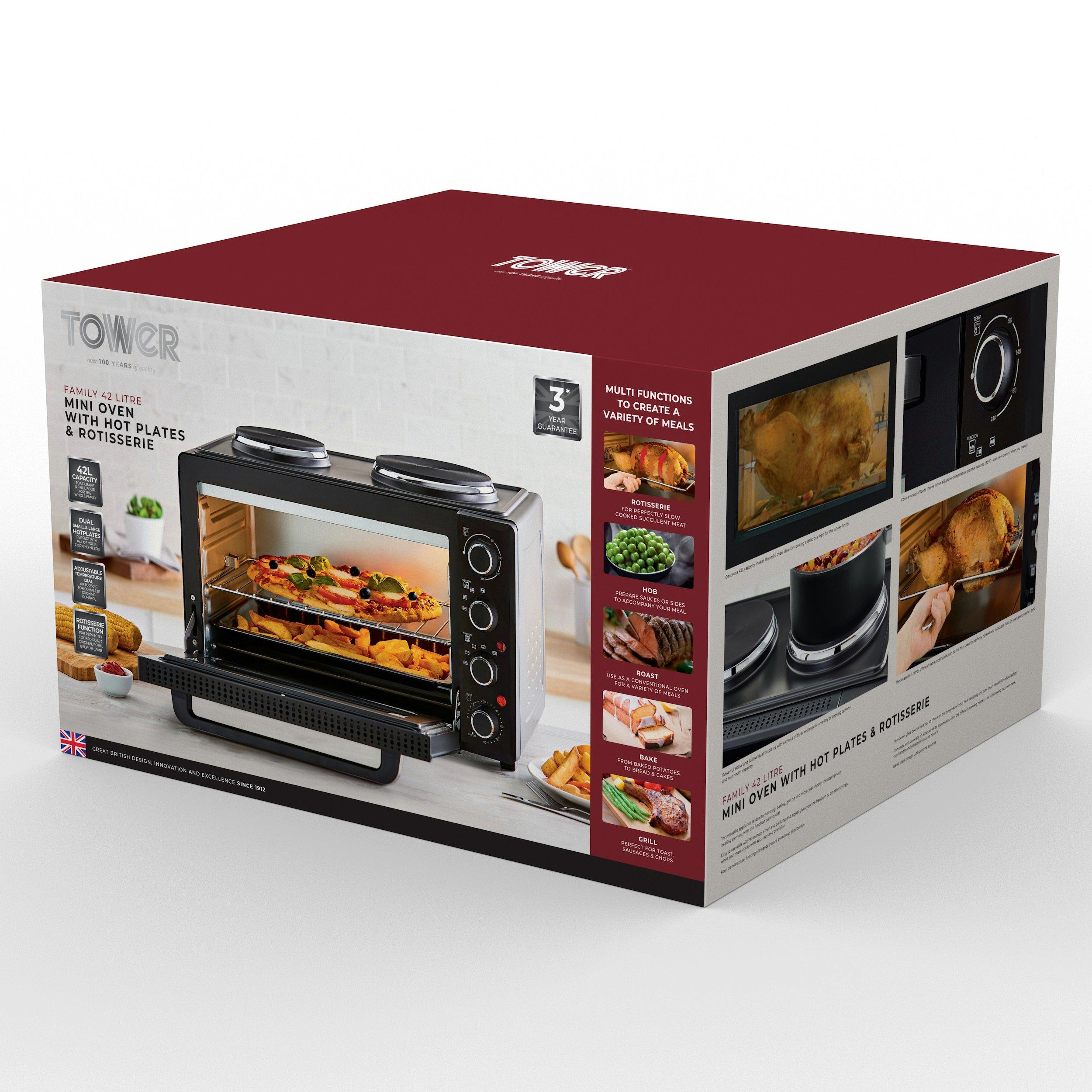 Black - Tower - 42 Litre Mini Oven with Hot Plates - Black with Si - 11