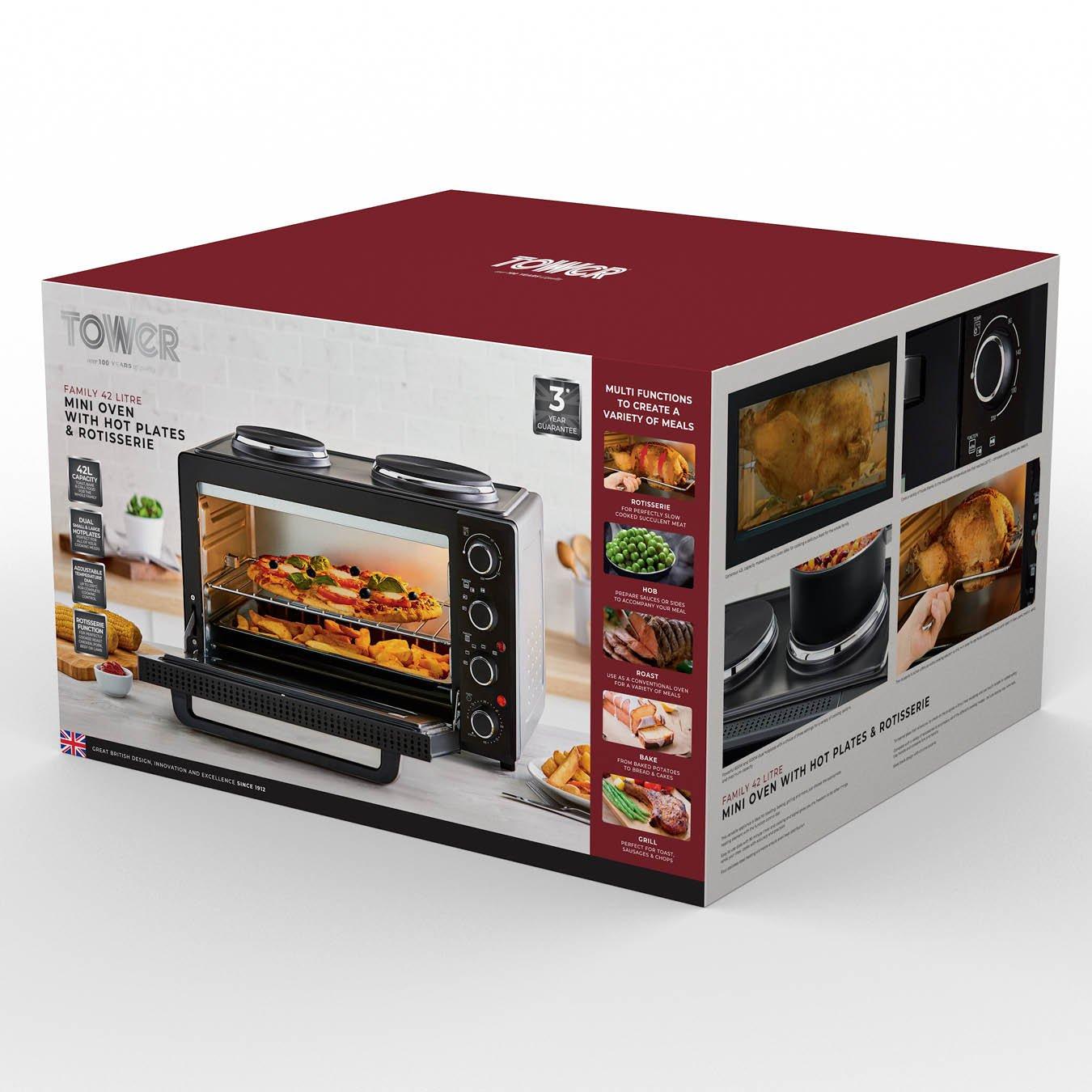 Black - Tower - 42 Litre Mini Oven with Hot Plates - Black with Si - 12
