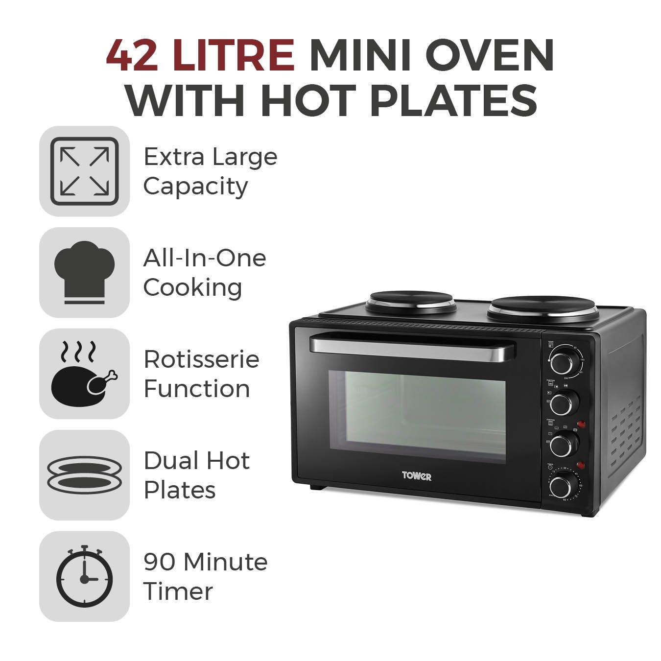 Black - Tower - 42 Litre Mini Oven with Hot Plates - Black with Si - 3