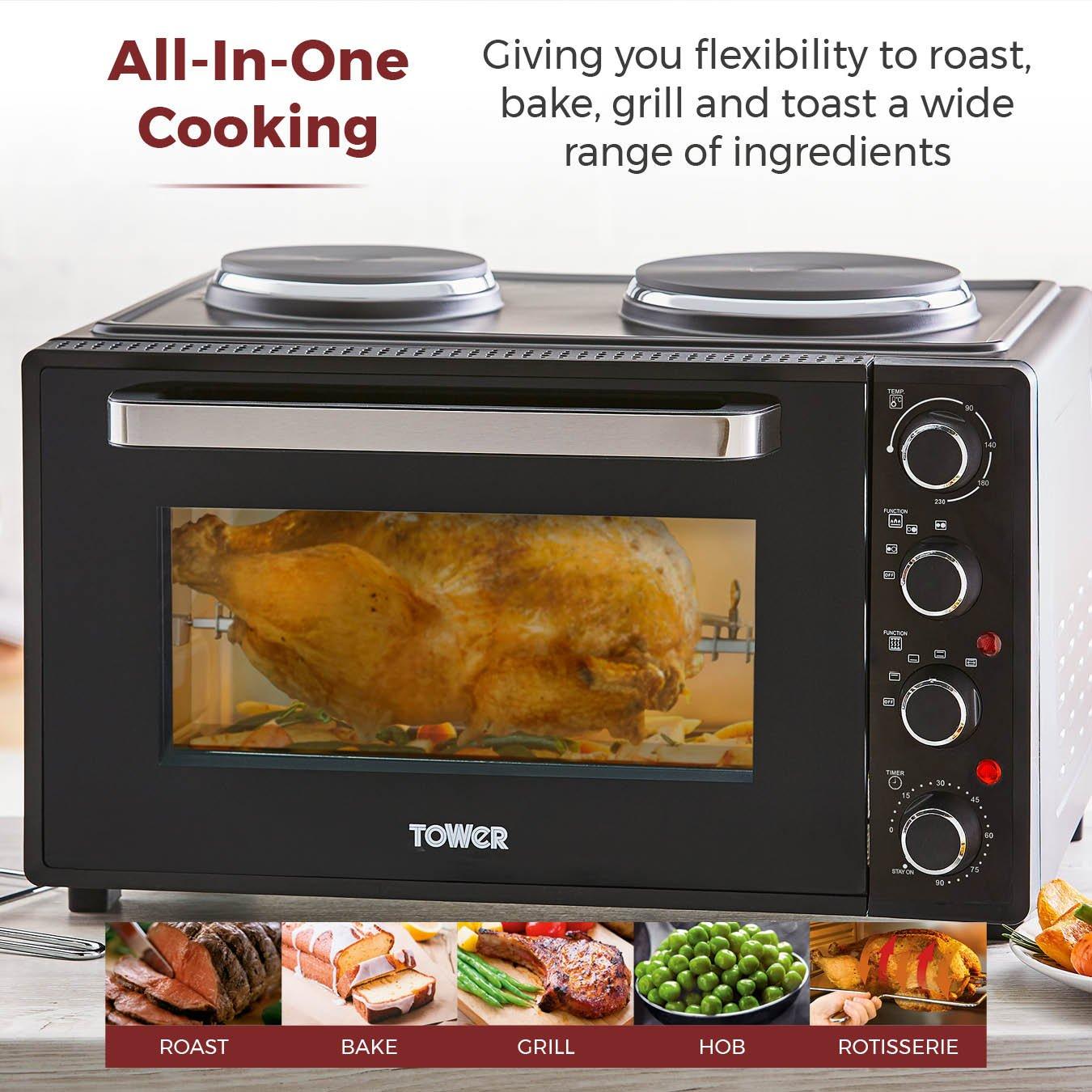 Black - Tower - 42 Litre Mini Oven with Hot Plates - Black with Si - 5