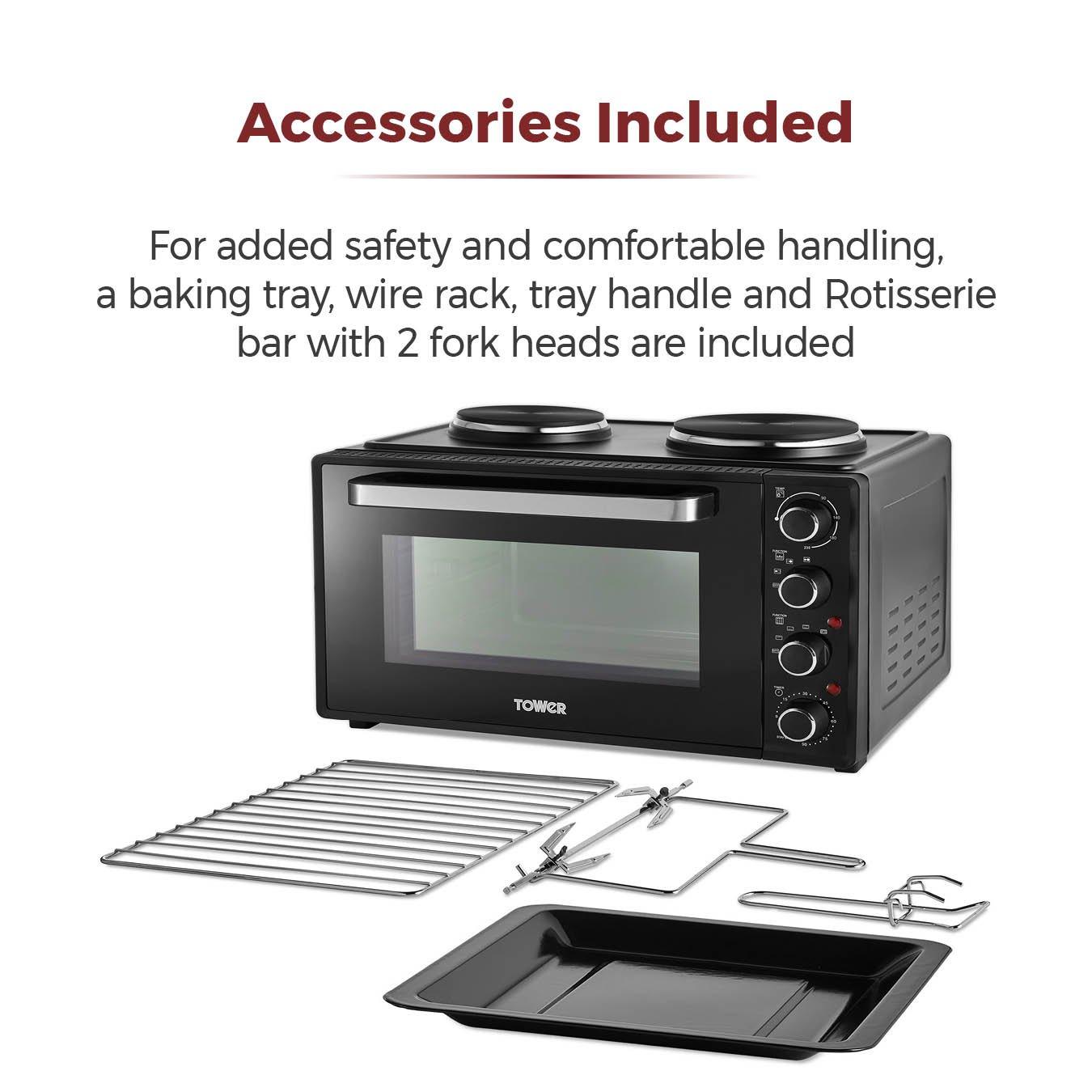 Black - Tower - 42 Litre Mini Oven with Hot Plates - Black with Si - 10