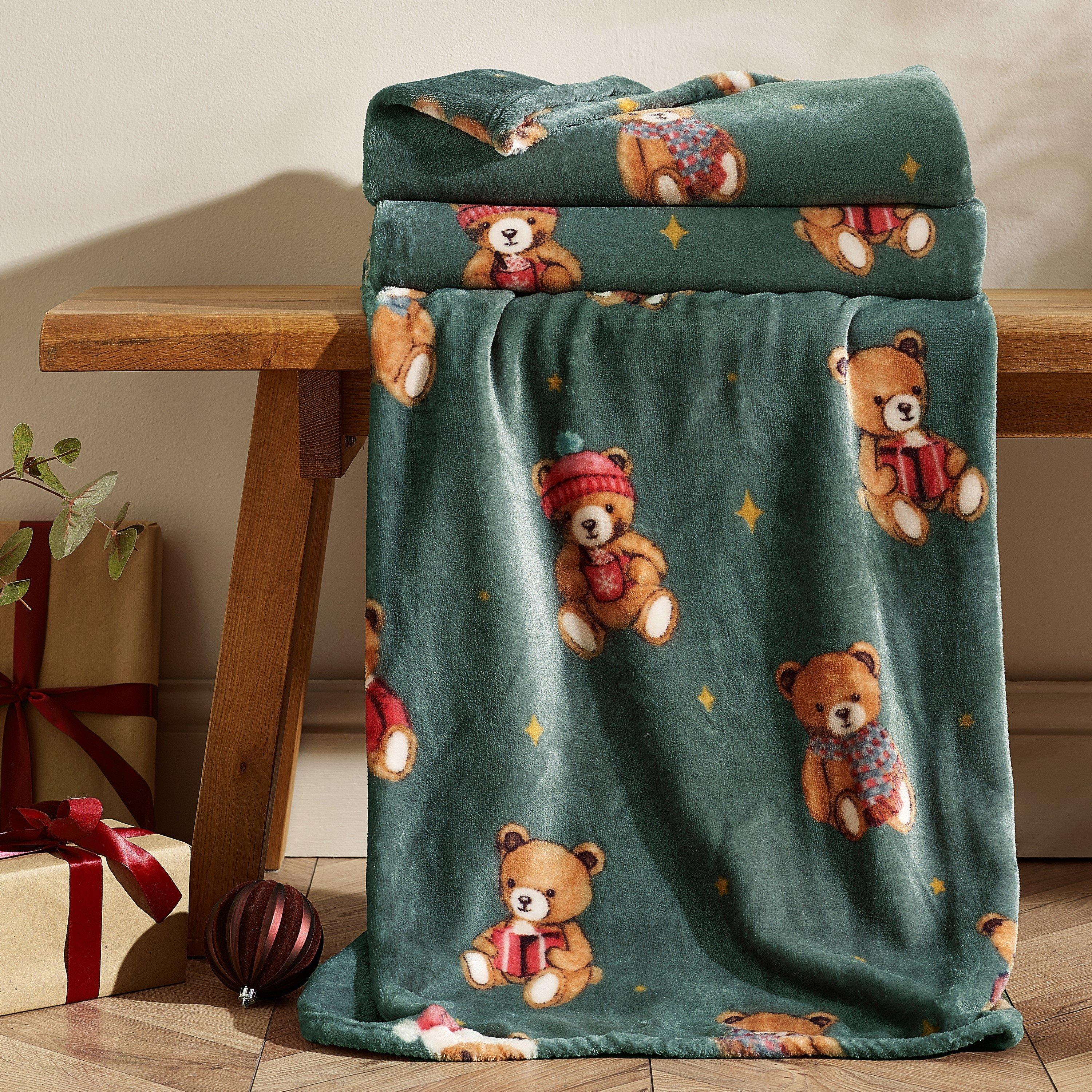 Green - Catherine Lansfield - Christmas Tartan Teddy Bear Fleece Blanket Throw - 1