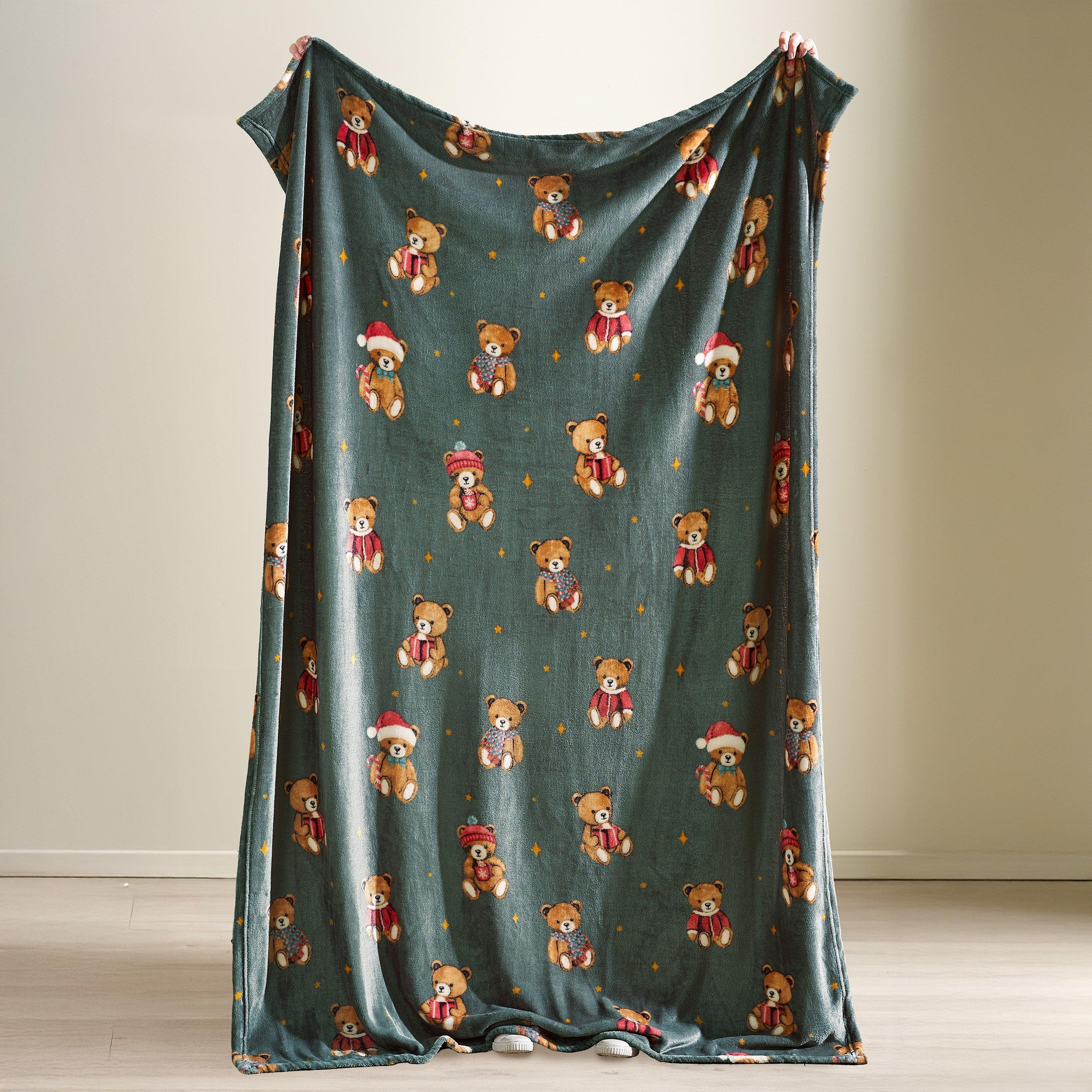 Green - Catherine Lansfield - Christmas Tartan Teddy Bear Fleece Blanket Throw - 2