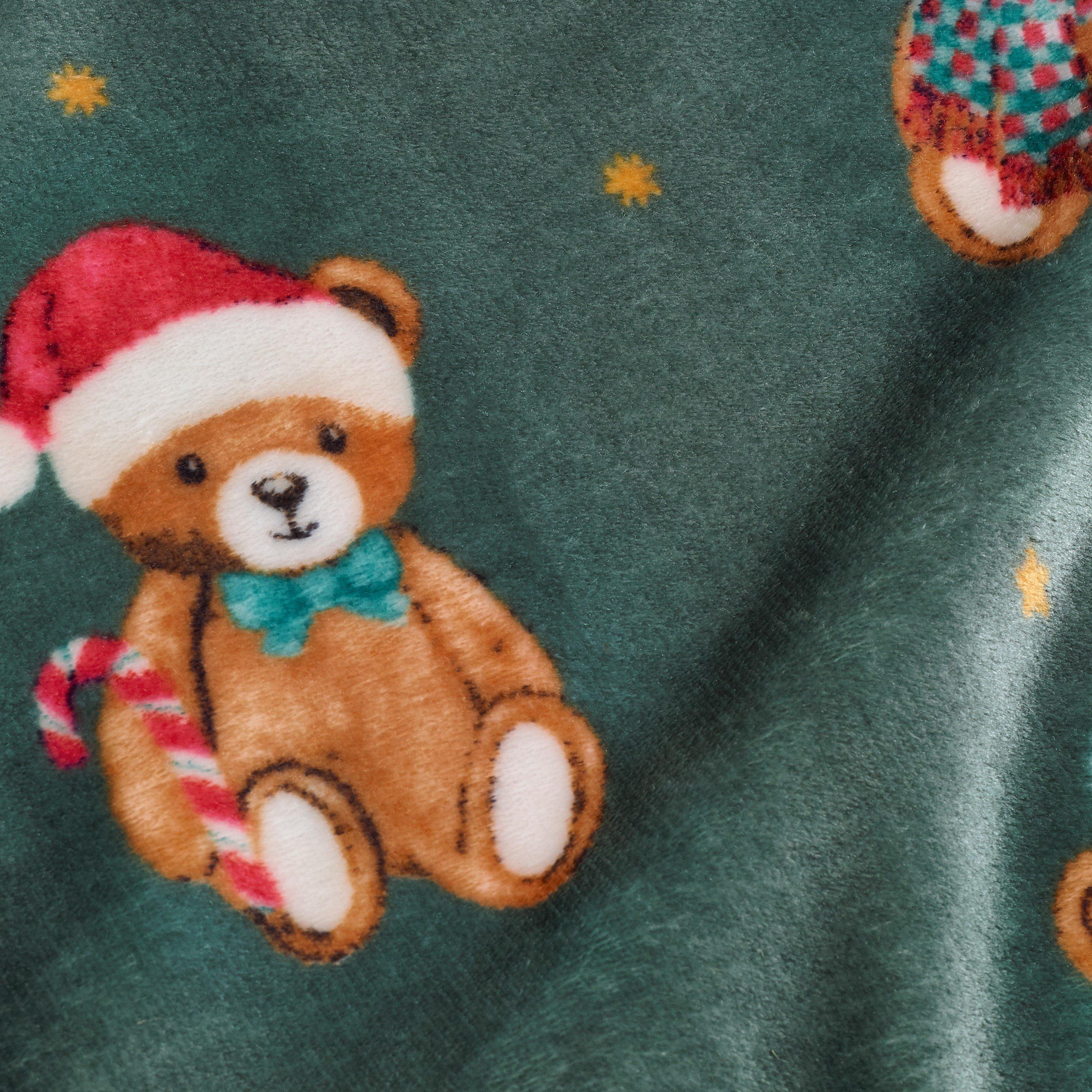 Green - Catherine Lansfield - Christmas Tartan Teddy Bear Fleece Blanket Throw - 3