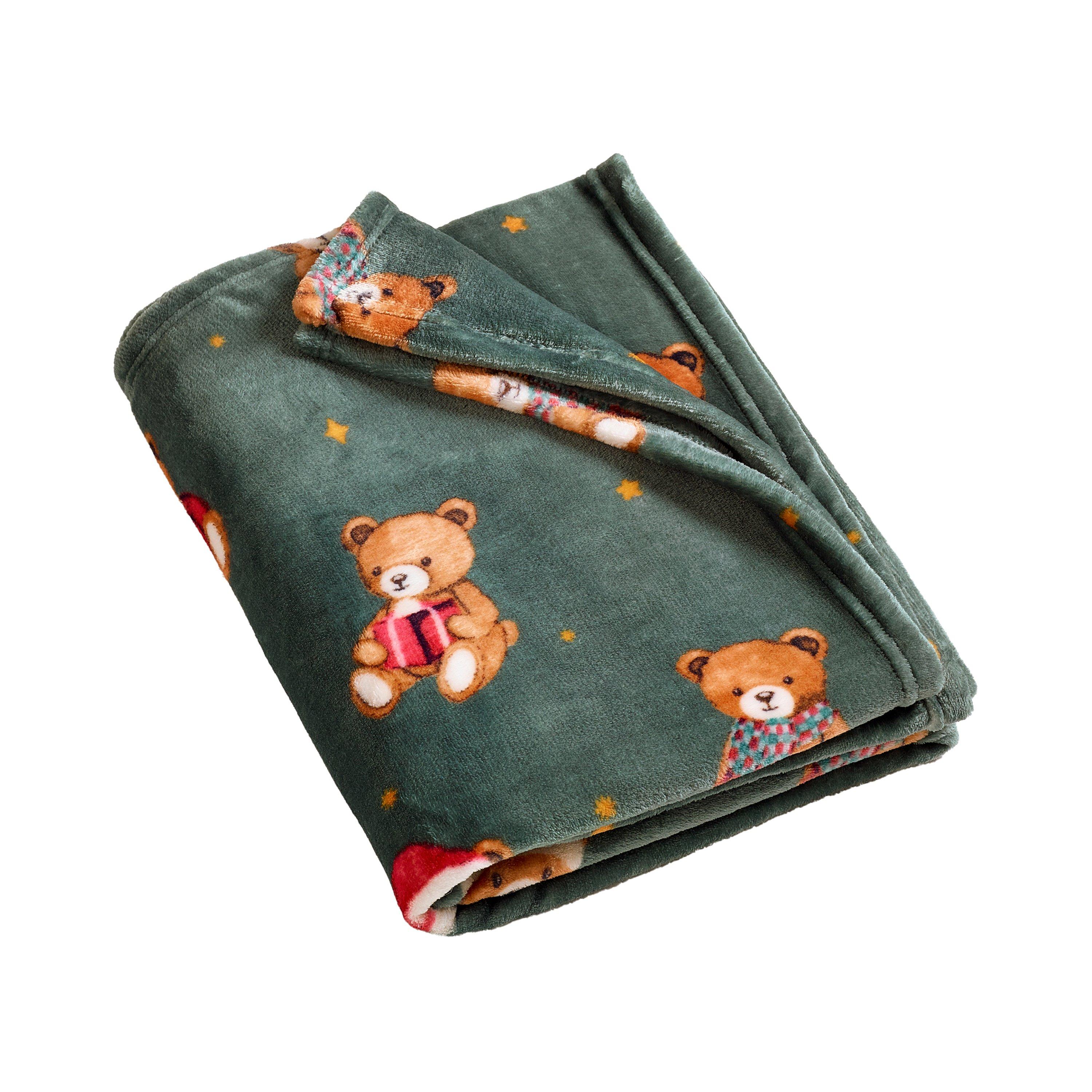Green - Catherine Lansfield - Christmas Tartan Teddy Bear Fleece Blanket Throw - 4