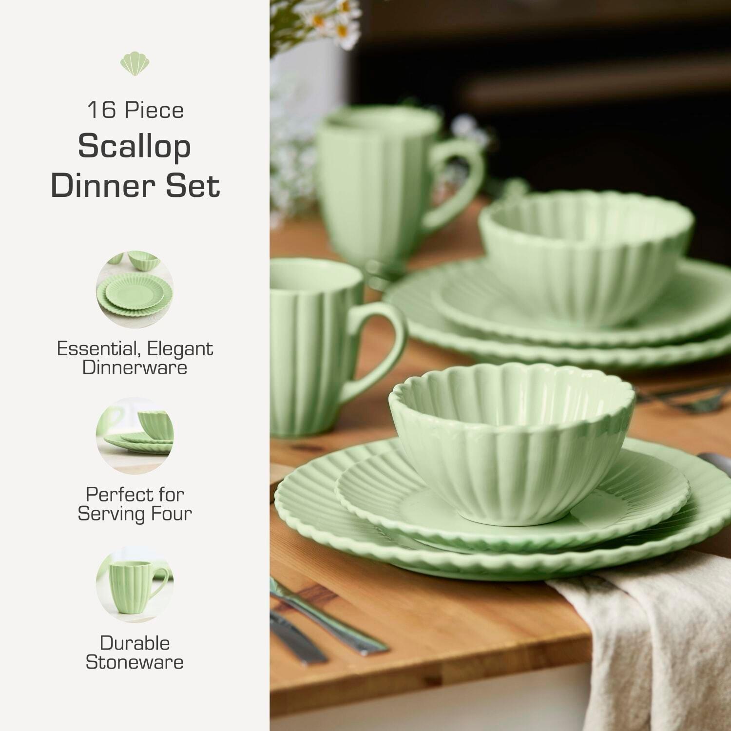 Green - Swan - 16 Piece Scallop Edge Stoneware Dinner Set Green - 2