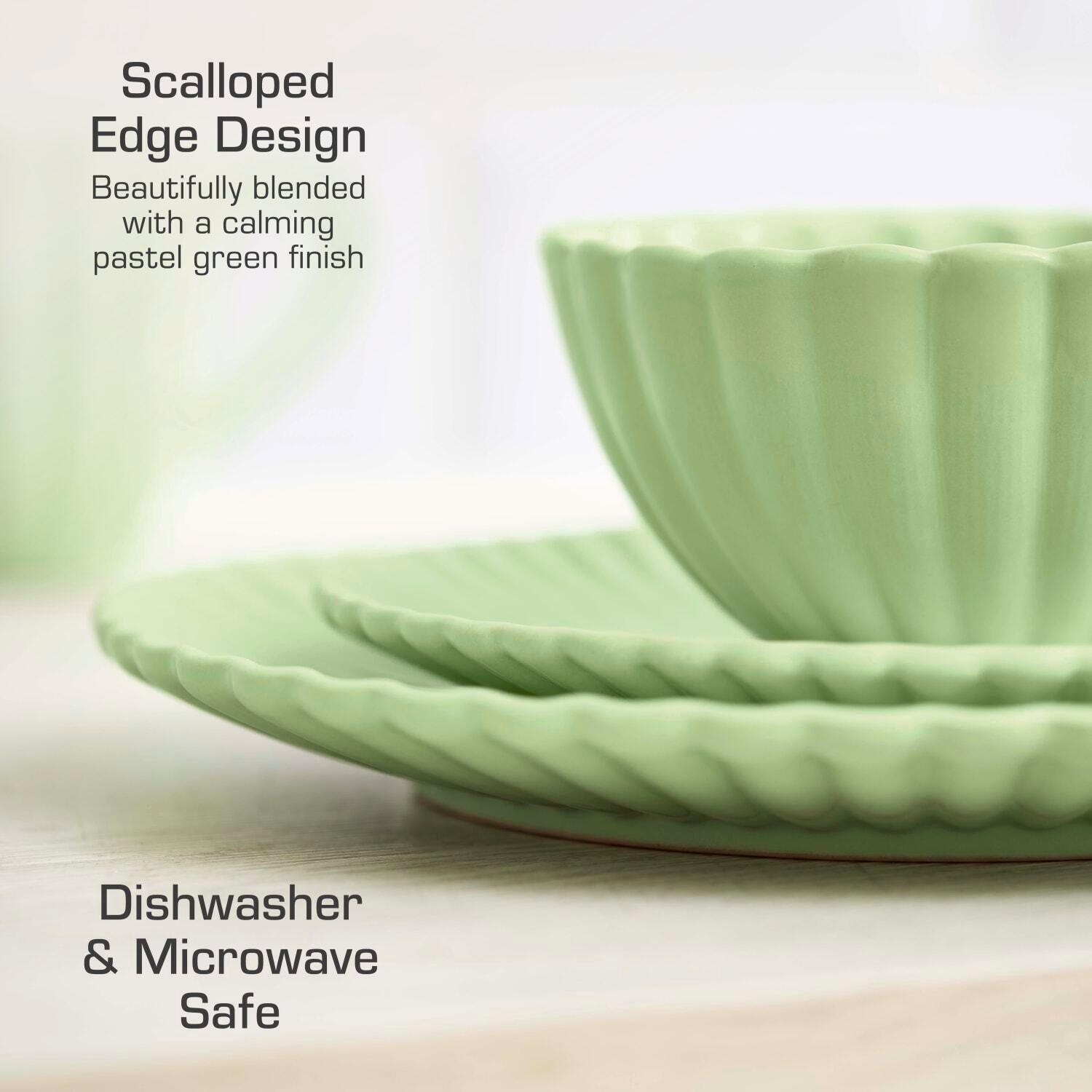 Green - Swan - 16 Piece Scallop Edge Stoneware Dinner Set Green - 3