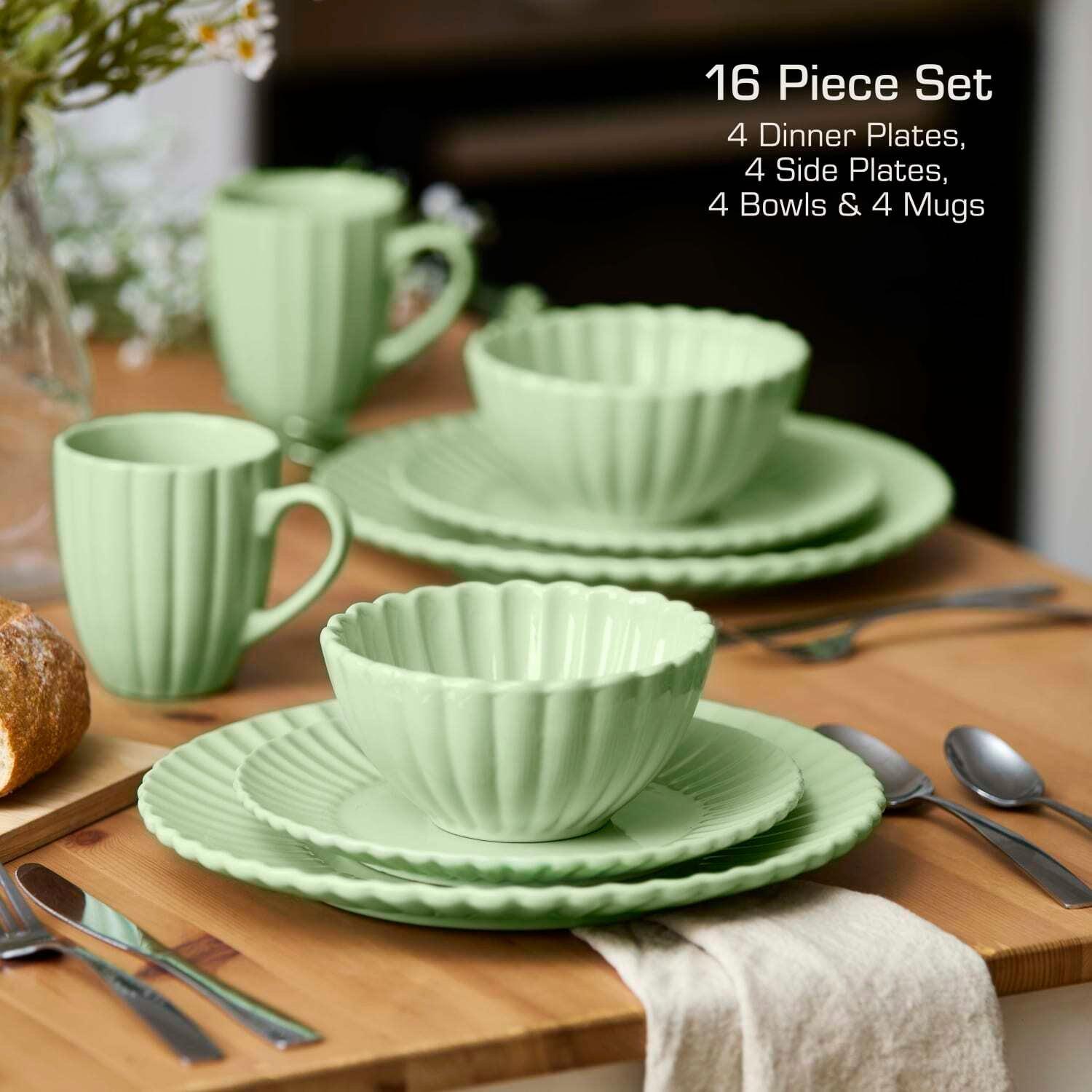 Green - Swan - 16 Piece Scallop Edge Stoneware Dinner Set Green - 5