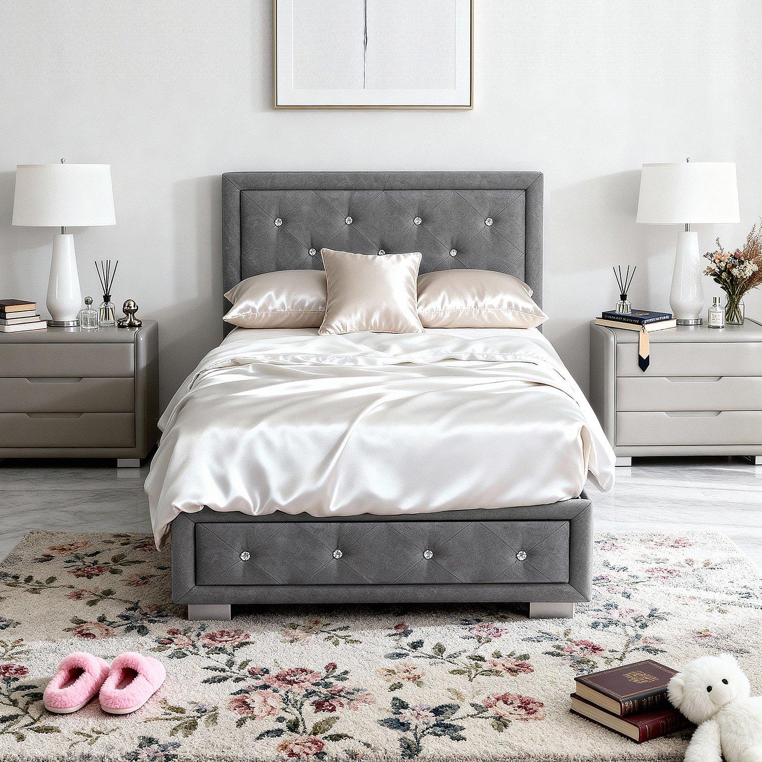 Grey Plush - Comfy Living - 3ft/4ft6/5ft Diamante Ottoman Bed Only - 2