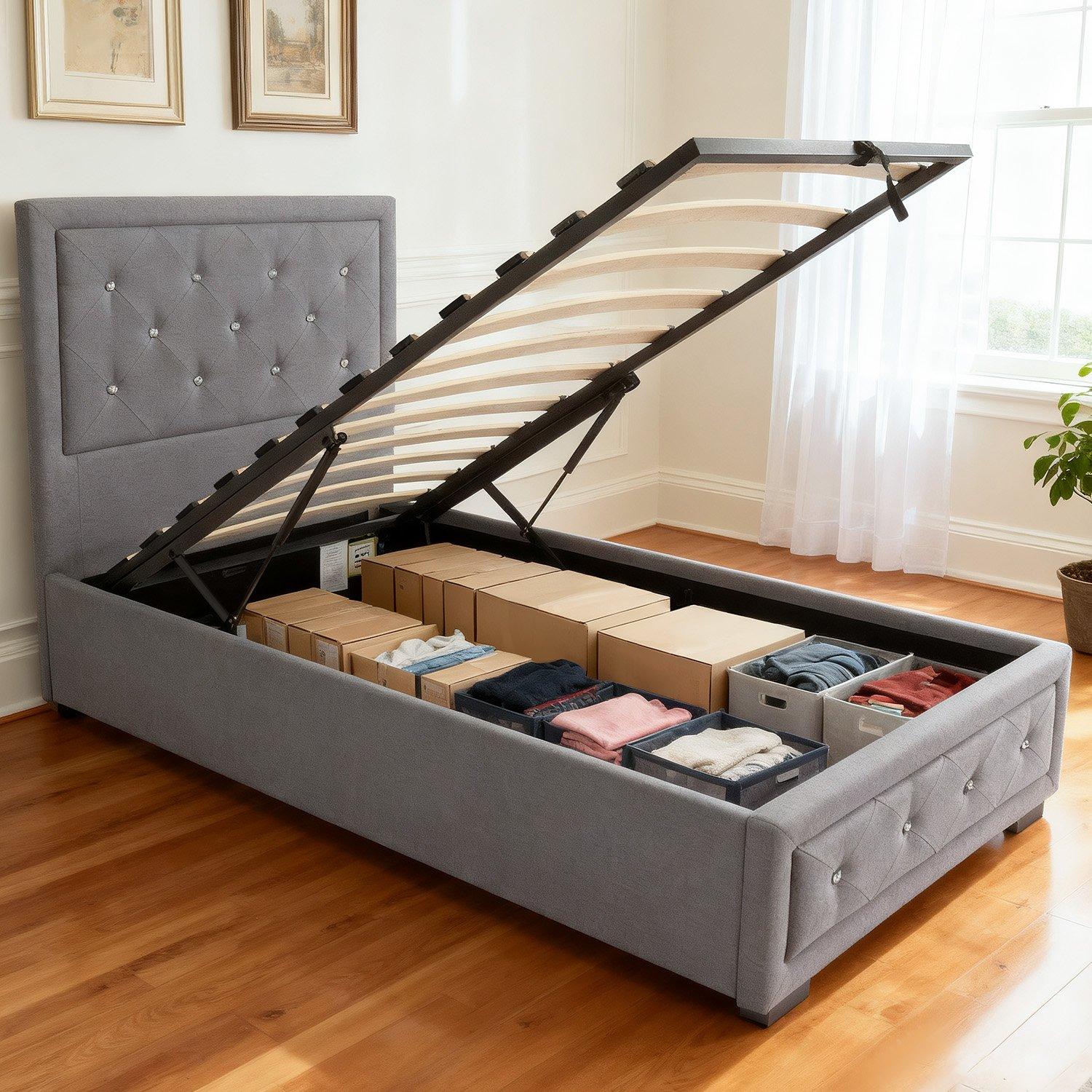 Grey Plush - Comfy Living - 3ft/4ft6/5ft Diamante Ottoman Bed Only - 3