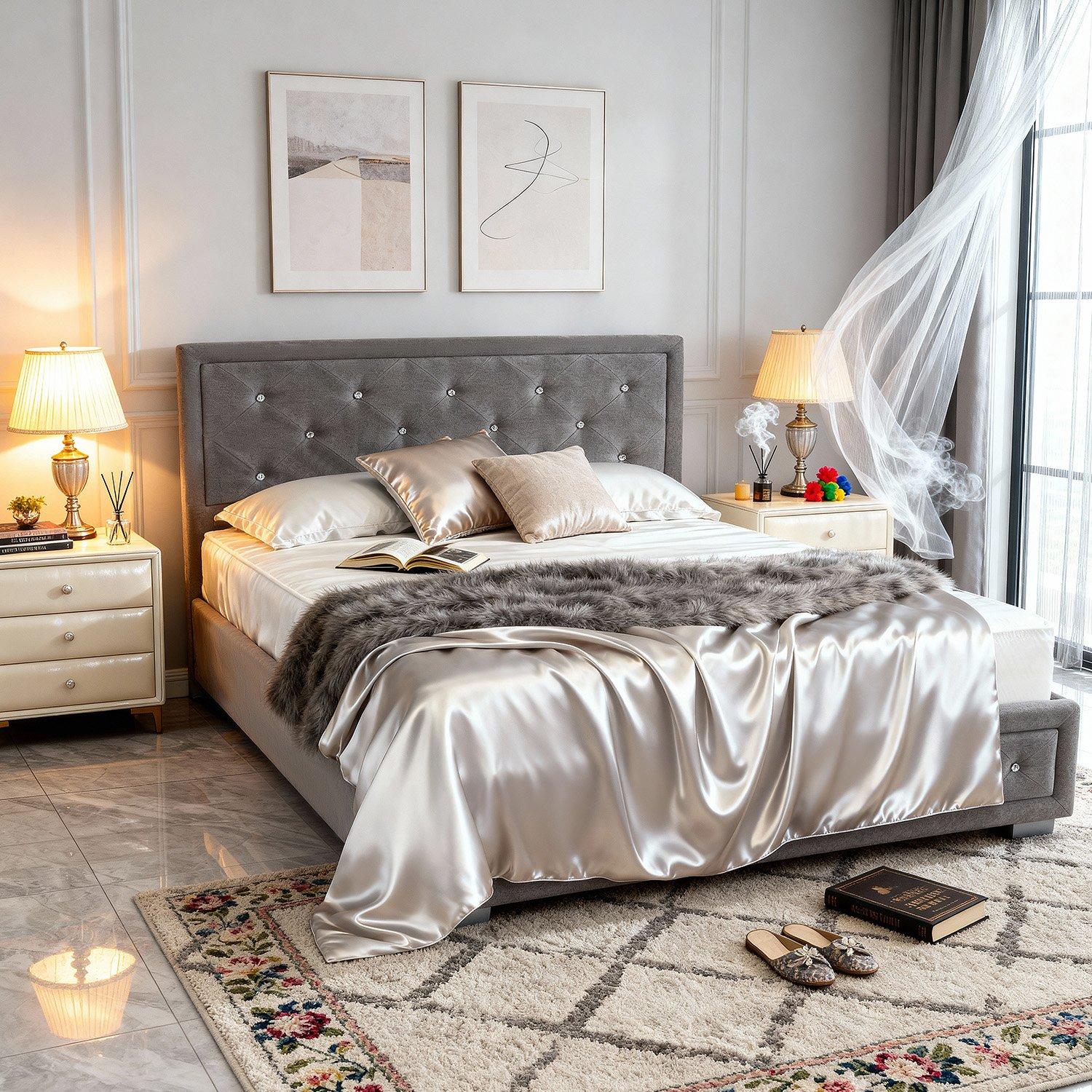 Grey Plush - Comfy Living - 3ft/4ft6/5ft Diamante Ottoman Bed Only - 4