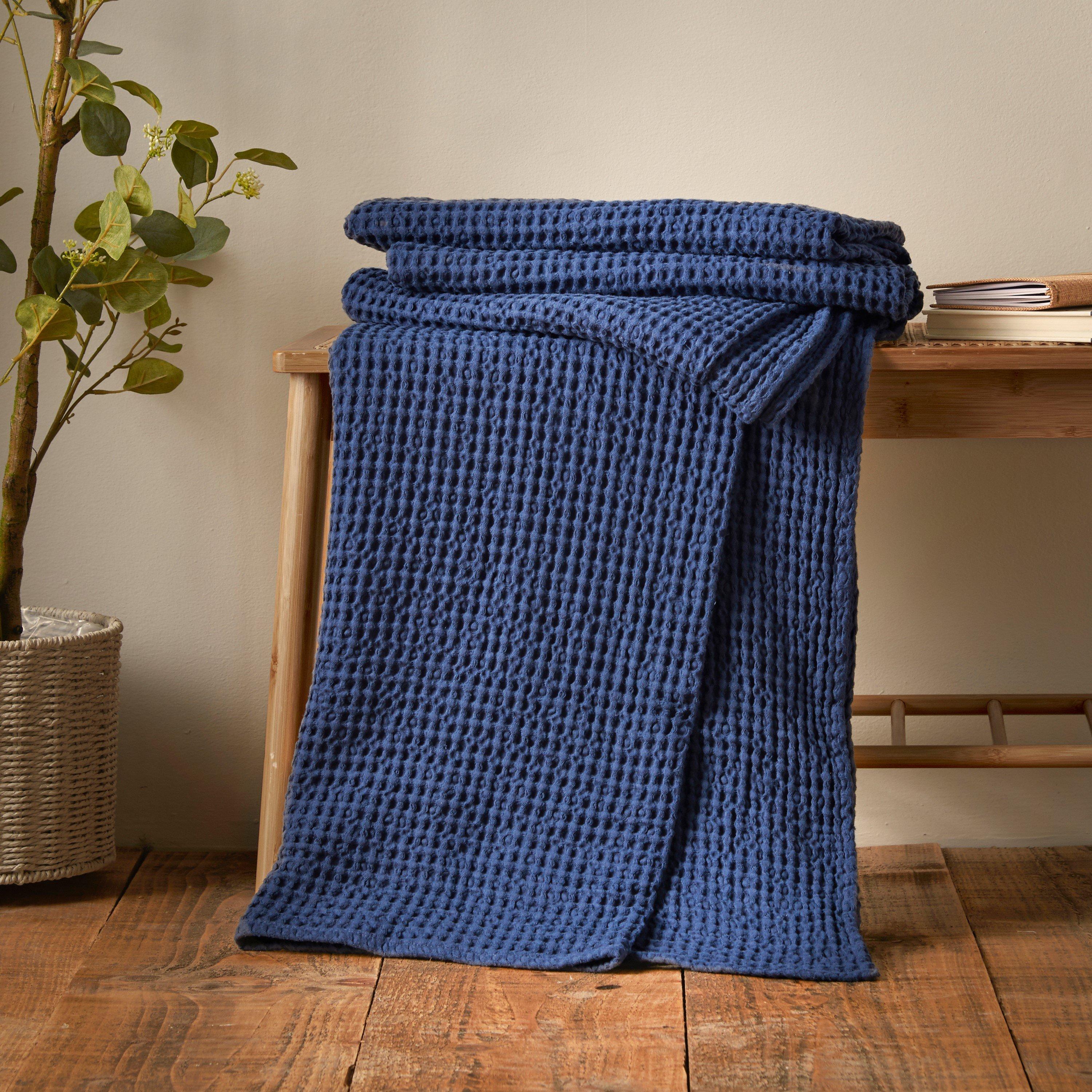 Pineapple Elephant  Jaipur Chunky Waffle Cotton Blanket Throw - Navy Blue - 150x200cm