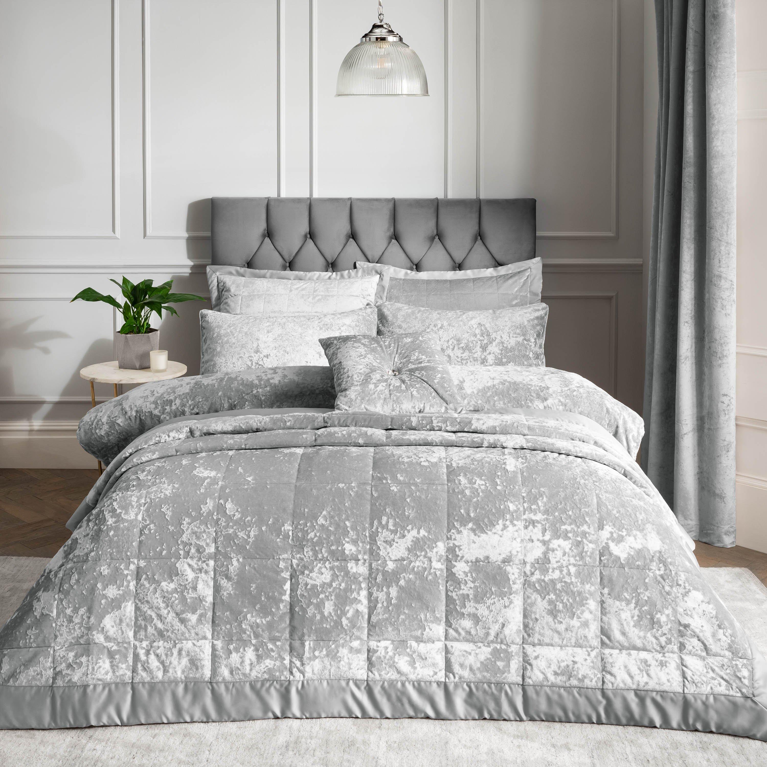 Silver Grey - Catherine Lansfield - Crushed Velvet Quilted Pillow sham Pair - 3
