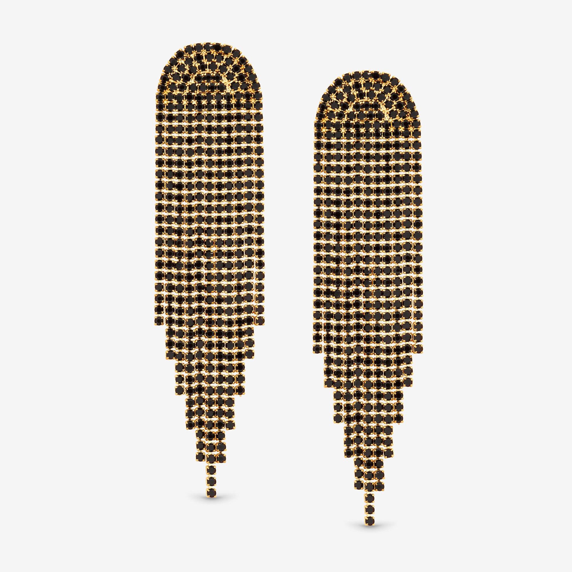 Gold - Mood - Gold & Jet Crystal Tassel Statement Drop Earrings - 1