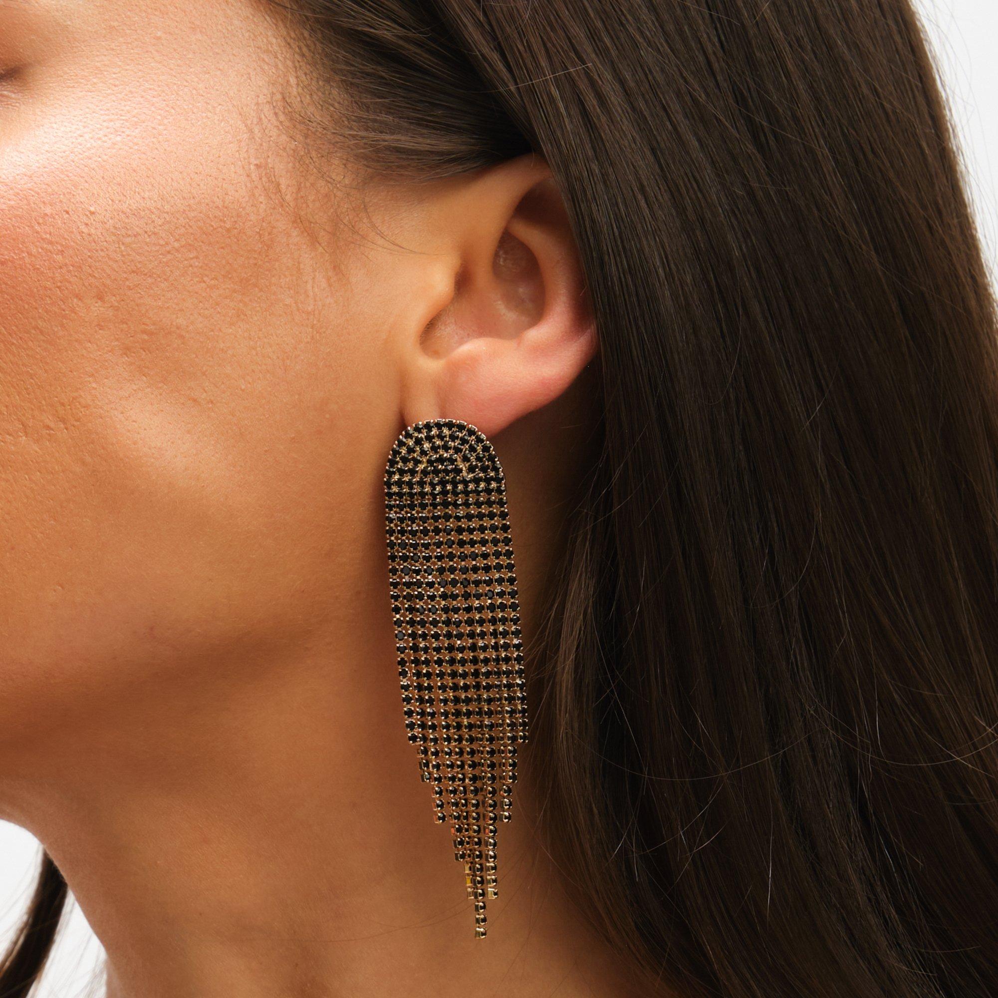 Gold - Mood - Gold & Jet Crystal Tassel Statement Drop Earrings - 3