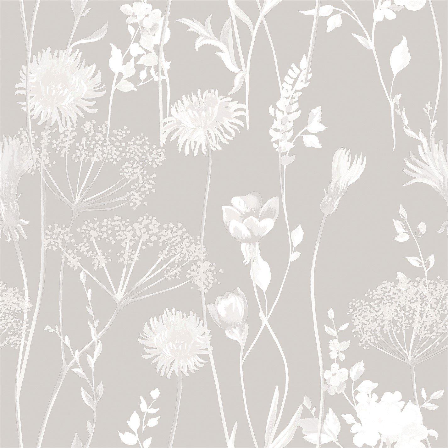 Catherine Lansfield  Meadowsweet Floral Wallpaper - White / Grey