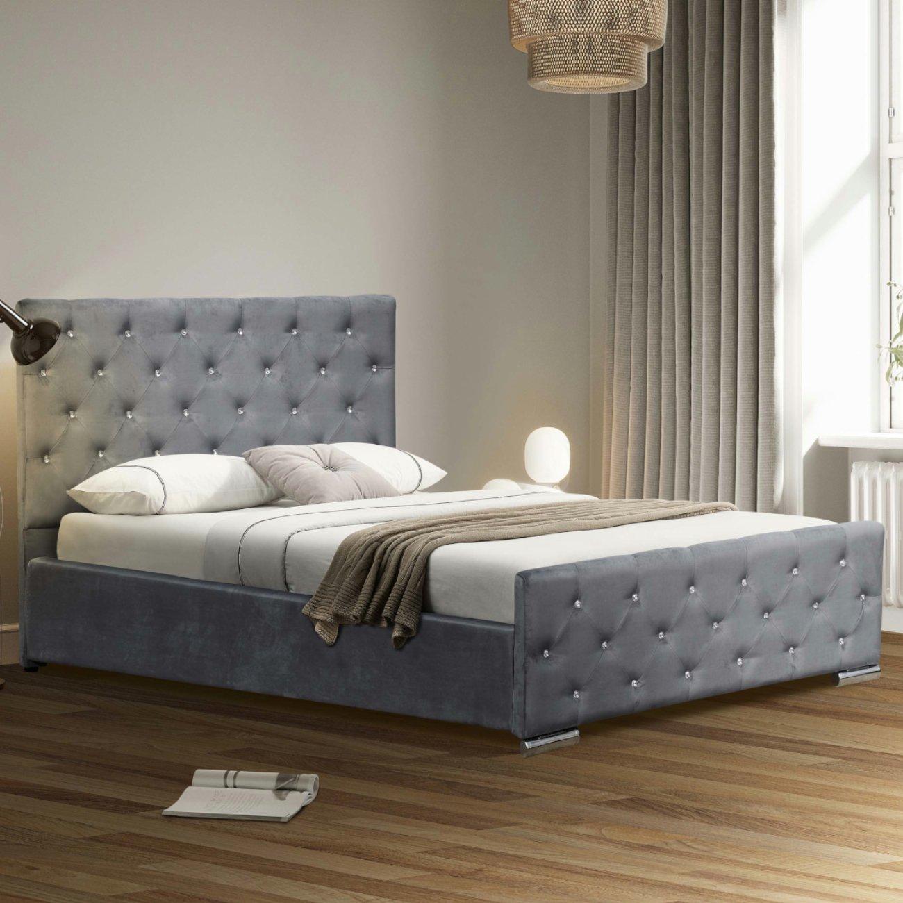 Grey Plush - Comfy Living - Crushed Velvet Chesterfield Bed and Mattress - 2