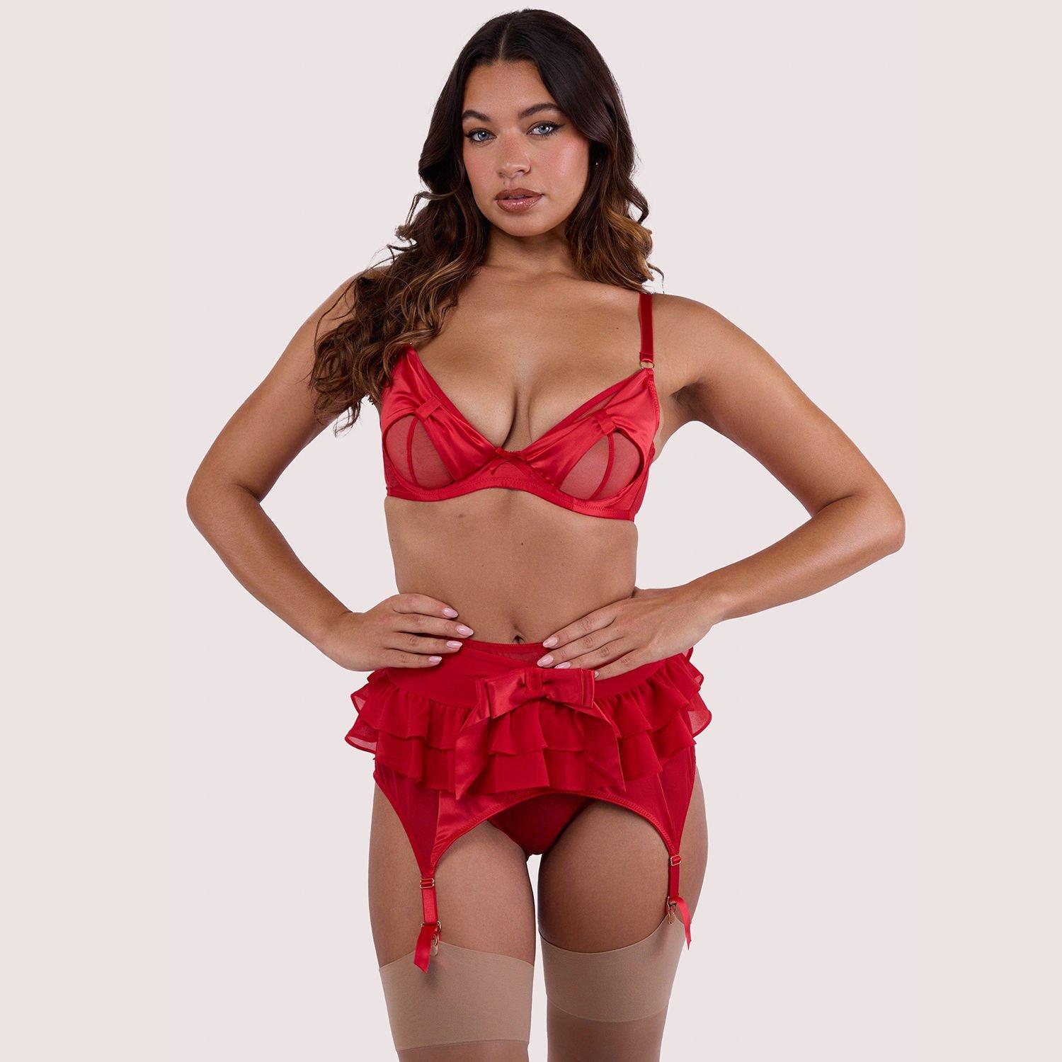 Red - Playful Promises - Annette Red Satin Skirted Suspender Belt - 3
