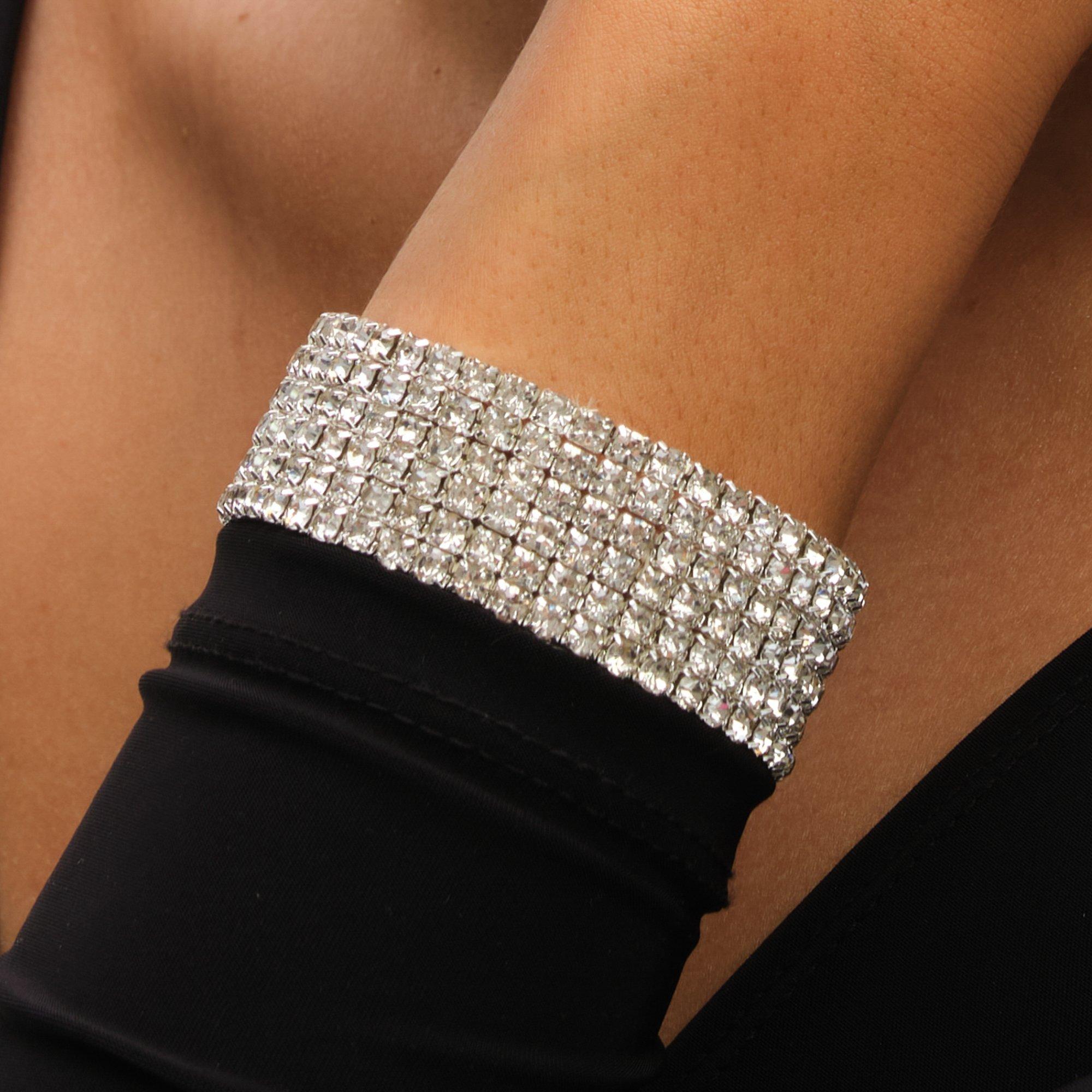 Silver - Mood - Silver Crystal Multi Row Stretch Cuff - 2