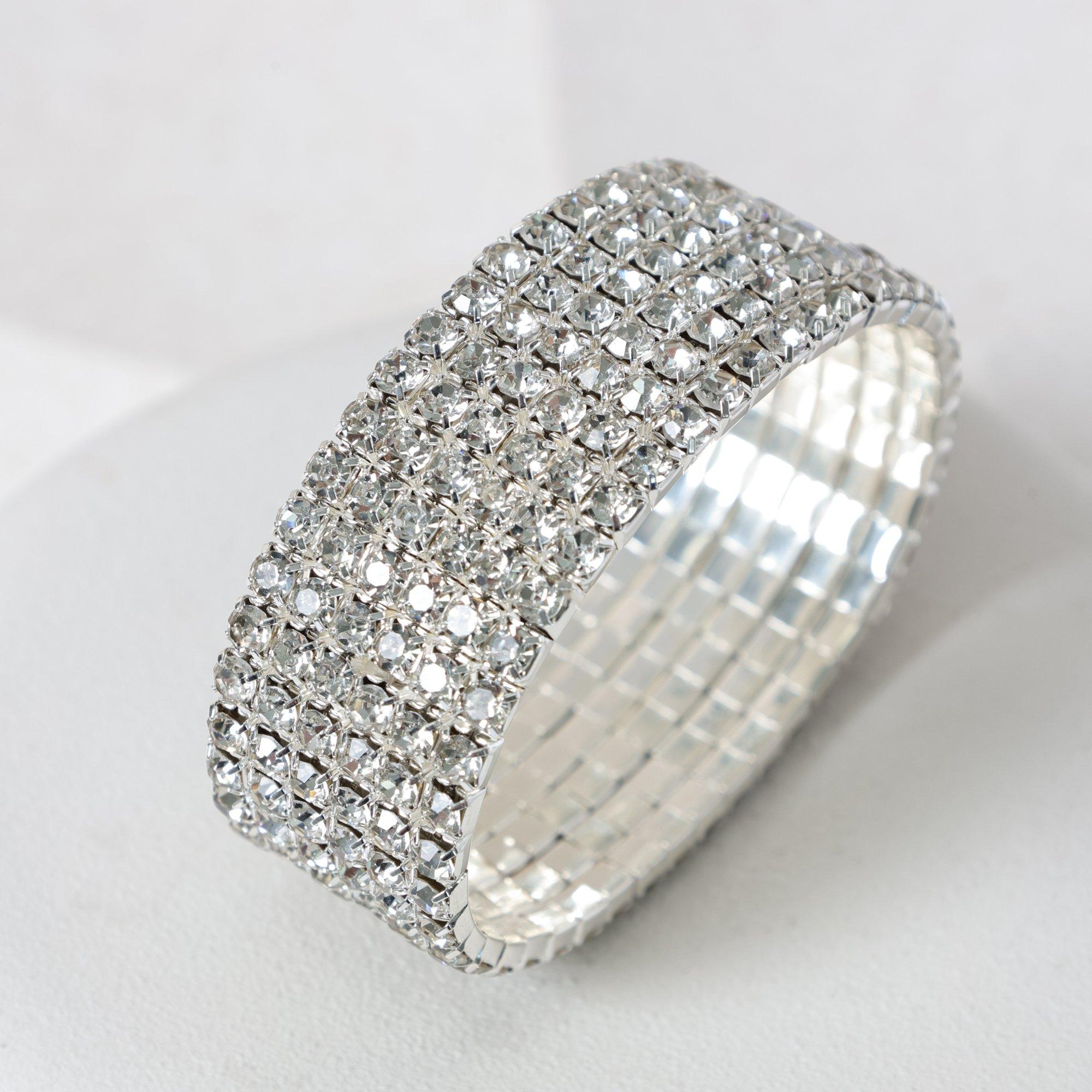 Silver - Mood - Silver Crystal Multi Row Stretch Cuff - 3
