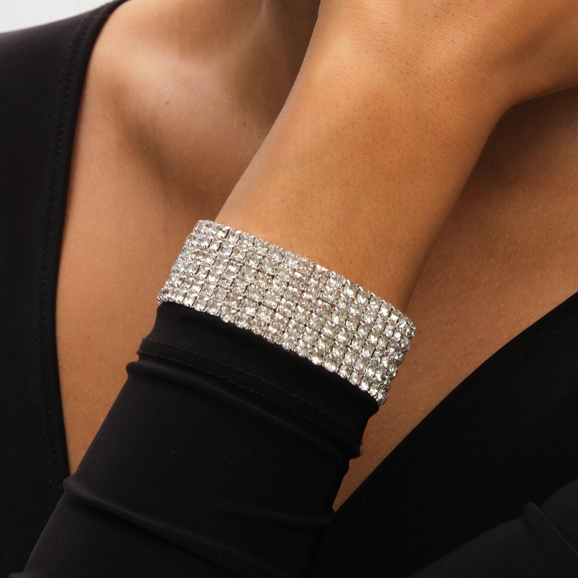Silver - Mood - Silver Crystal Multi Row Stretch Cuff - 4