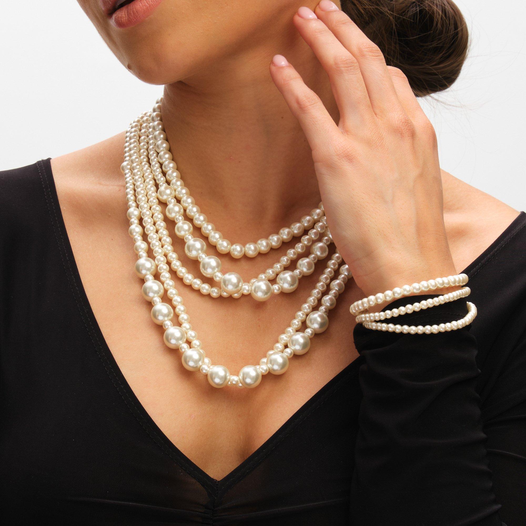 White - Mood - Cream Pearl Multi Row Statement Necklace - 2