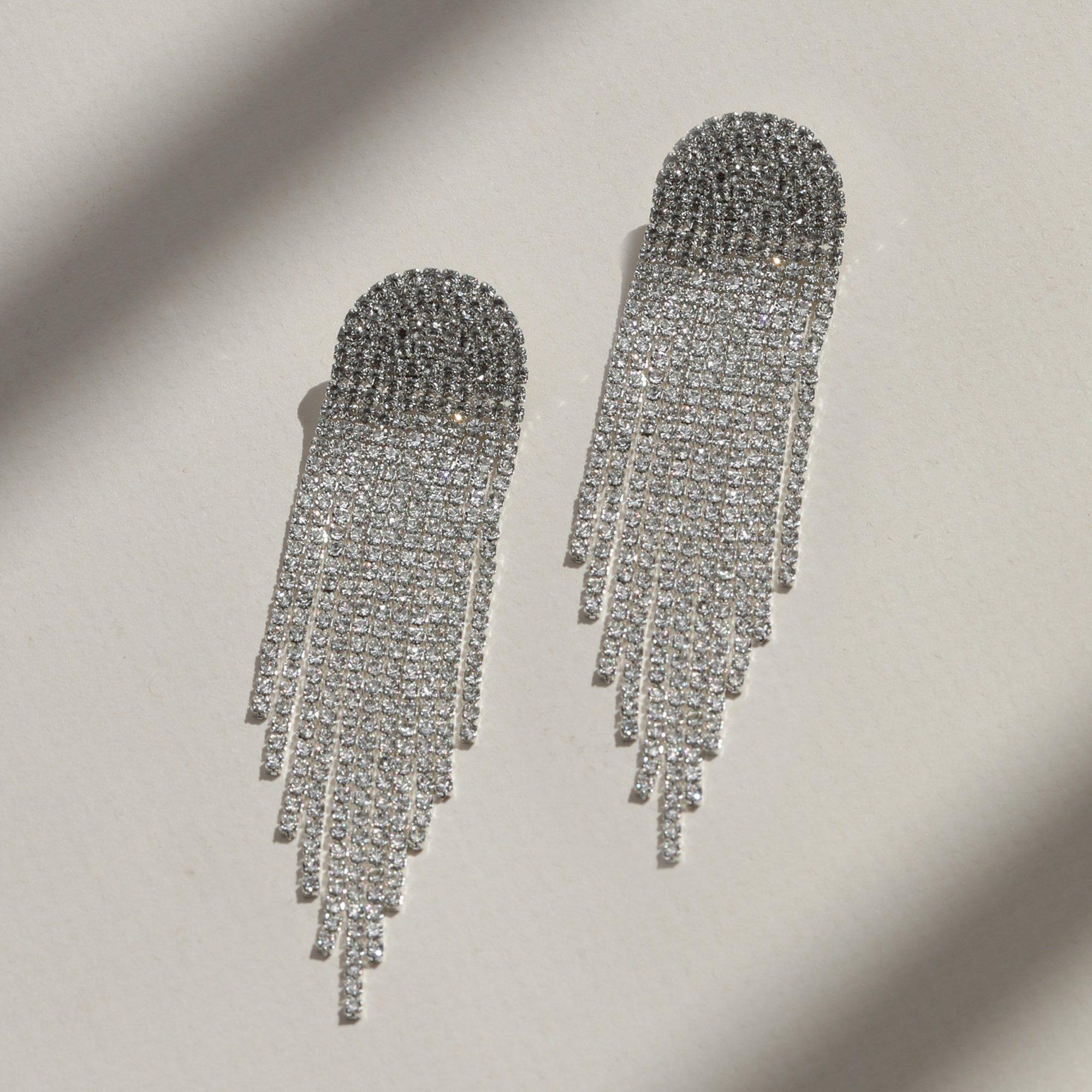 Silver - Mood - Silver Crystal Tassel Statement Drop Earrings - 3