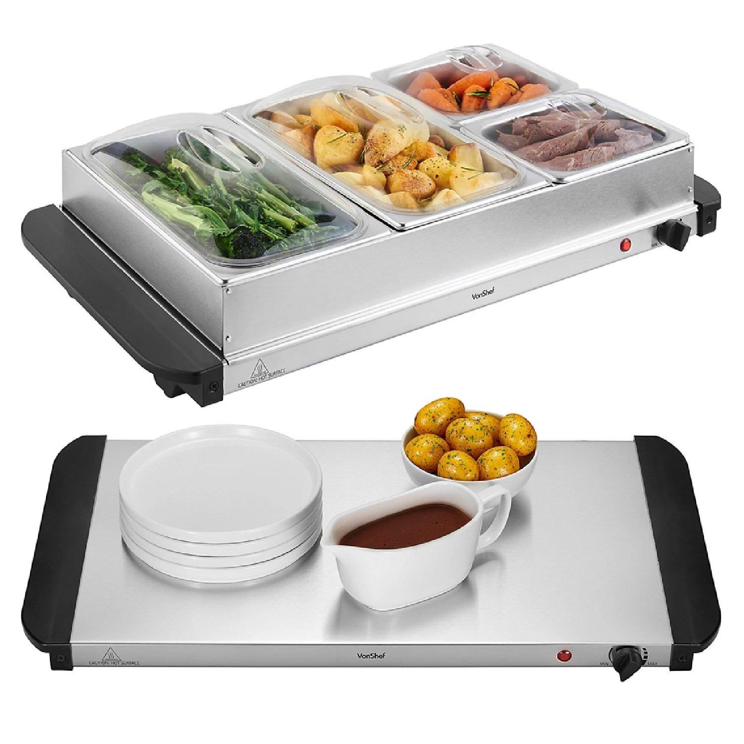Silver - VonShef - 2-in- 1 Buffet Food Server With 4 Sections - 1