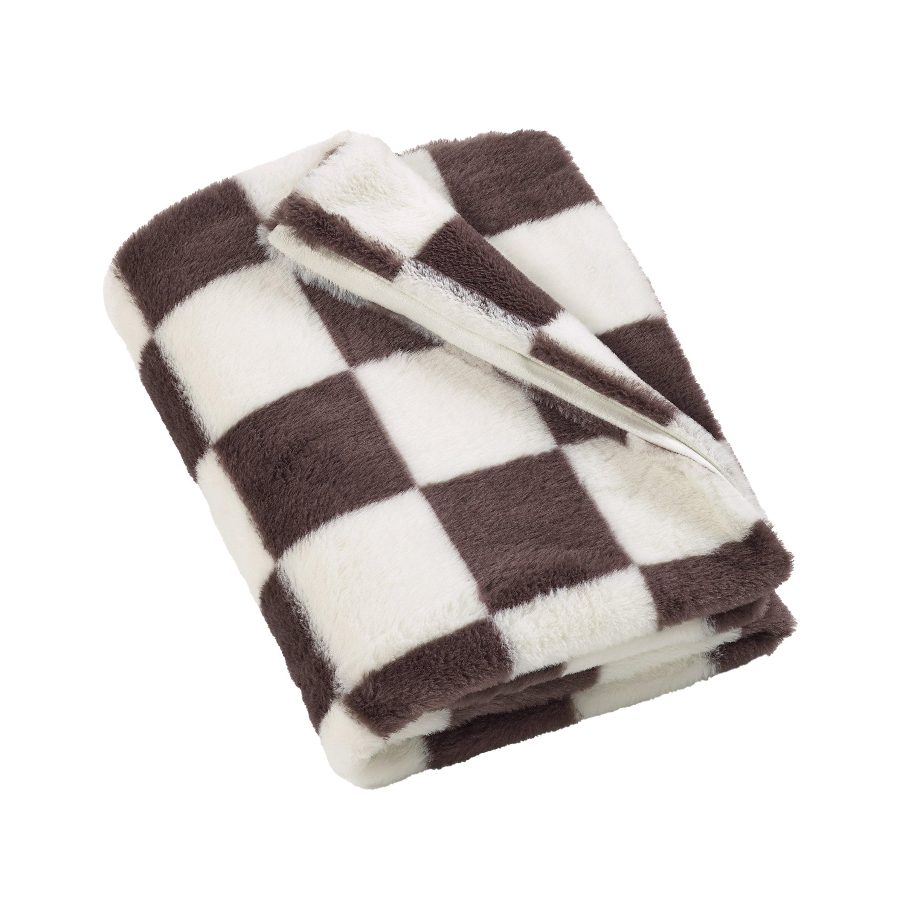 Chocolate - Catherine Lansfield - Cosy Soft Checkerboard Fleece Blanket Throw - 4