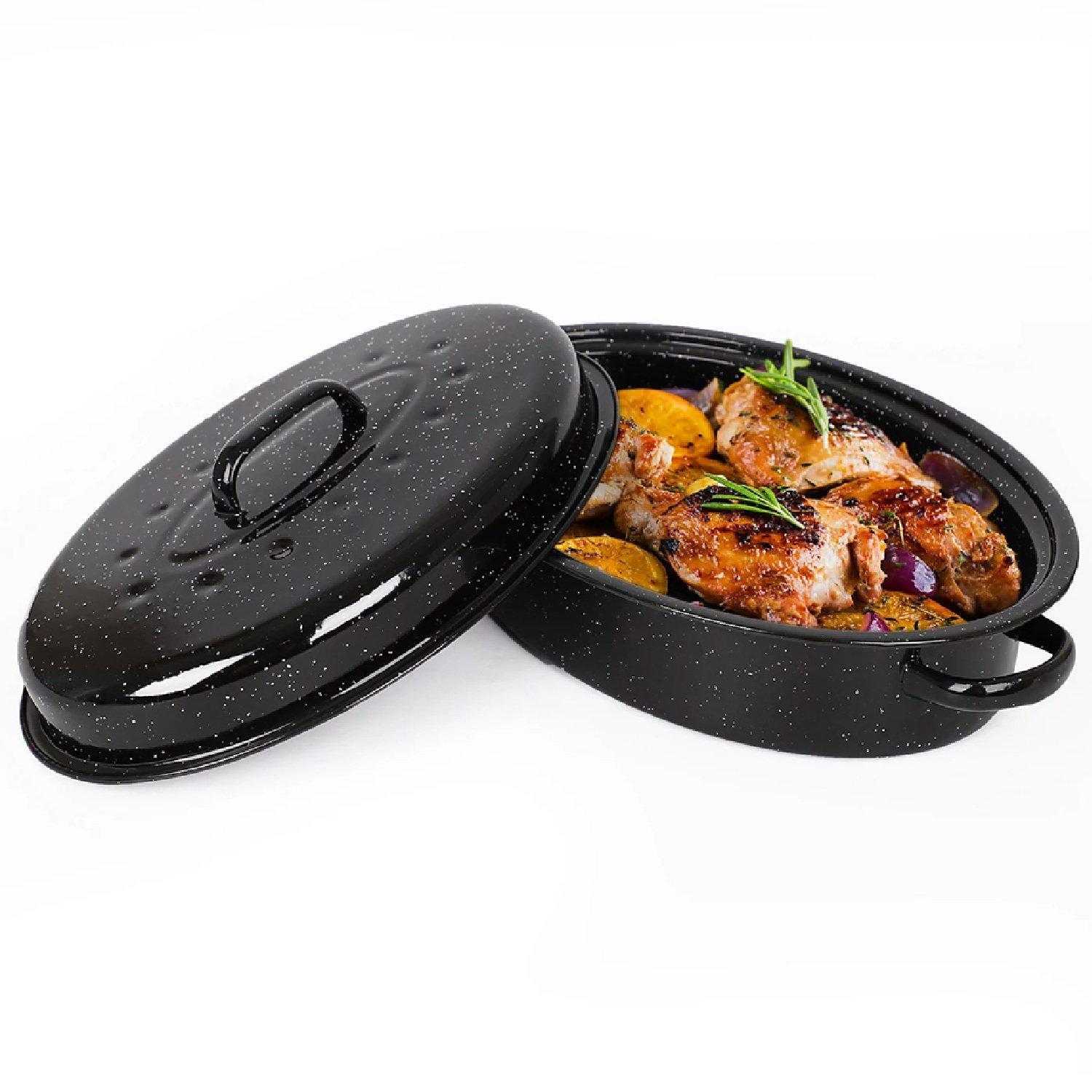Black - VonShef - Enamel Self-Basting Roasting Tin With Lid - 1