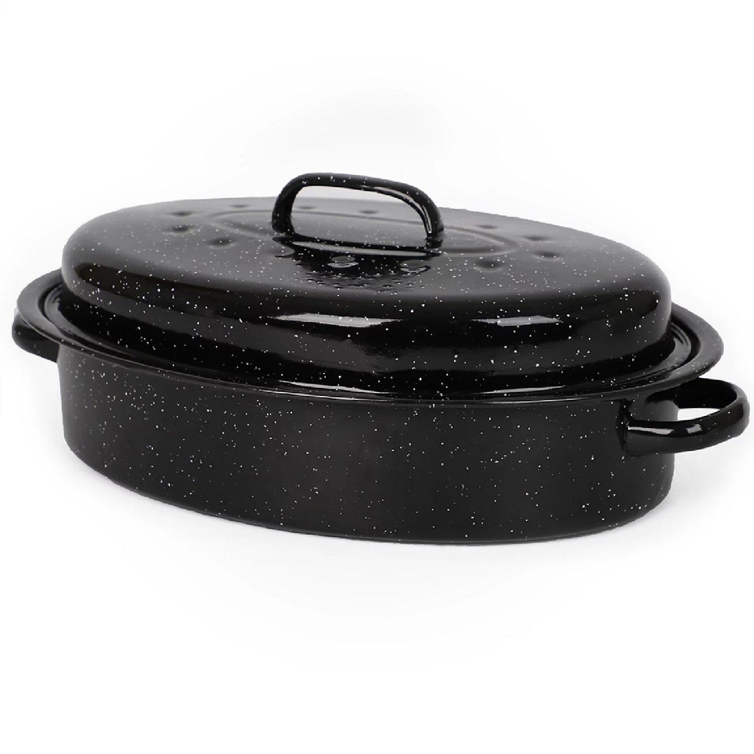 Black - VonShef - Enamel Self-Basting Roasting Tin With Lid - 2