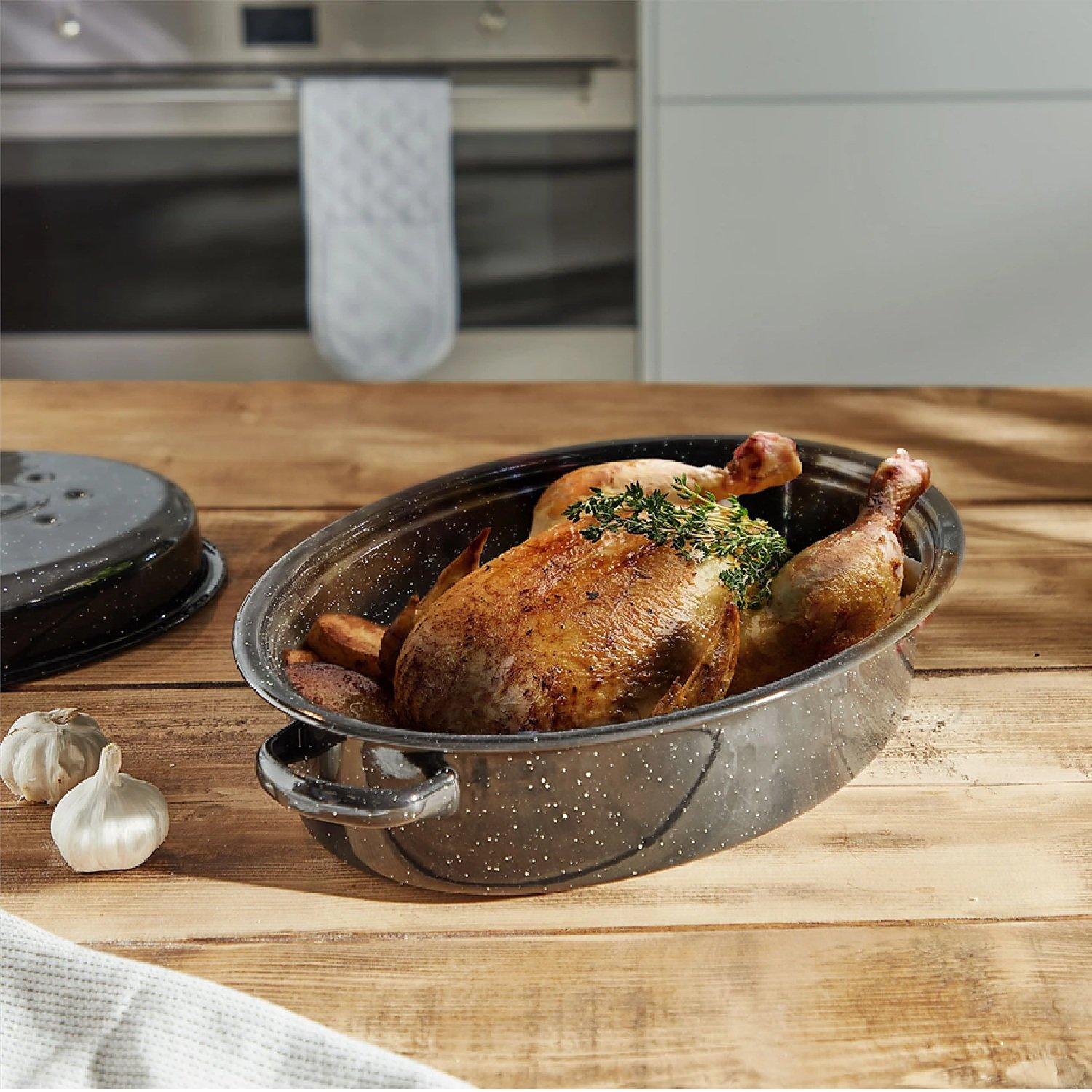 Black - VonShef - Enamel Self-Basting Roasting Tin With Lid - 3