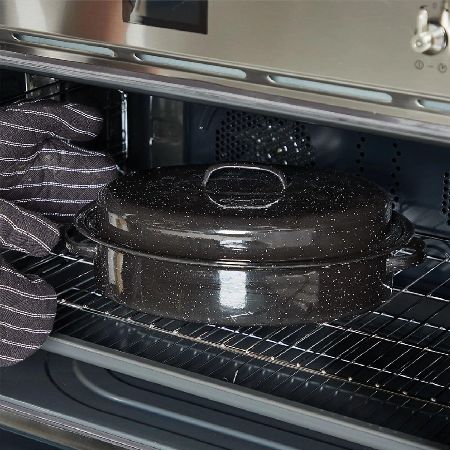 Black - VonShef - Enamel Self-Basting Roasting Tin With Lid - 4
