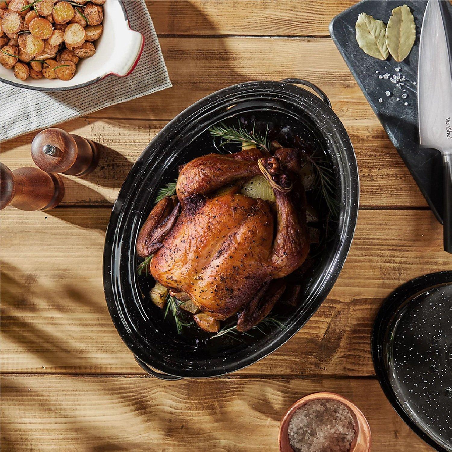 Black - VonShef - Enamel Self-Basting Roasting Tin With Lid - 5