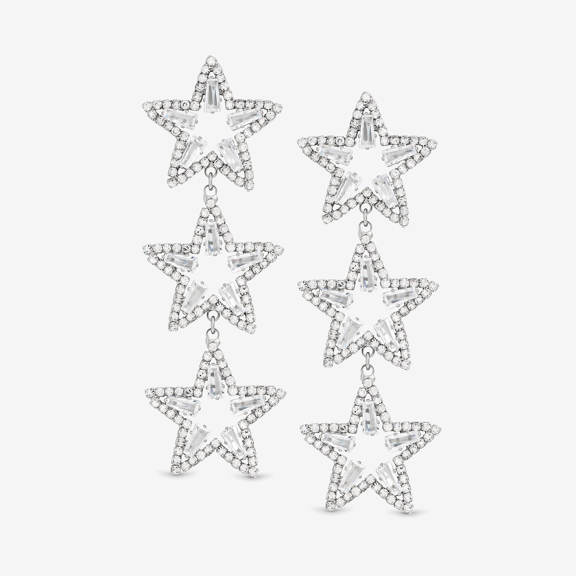 Silver - Mood - Silver Crystal Triple Star Statement Drop Earrings - 1