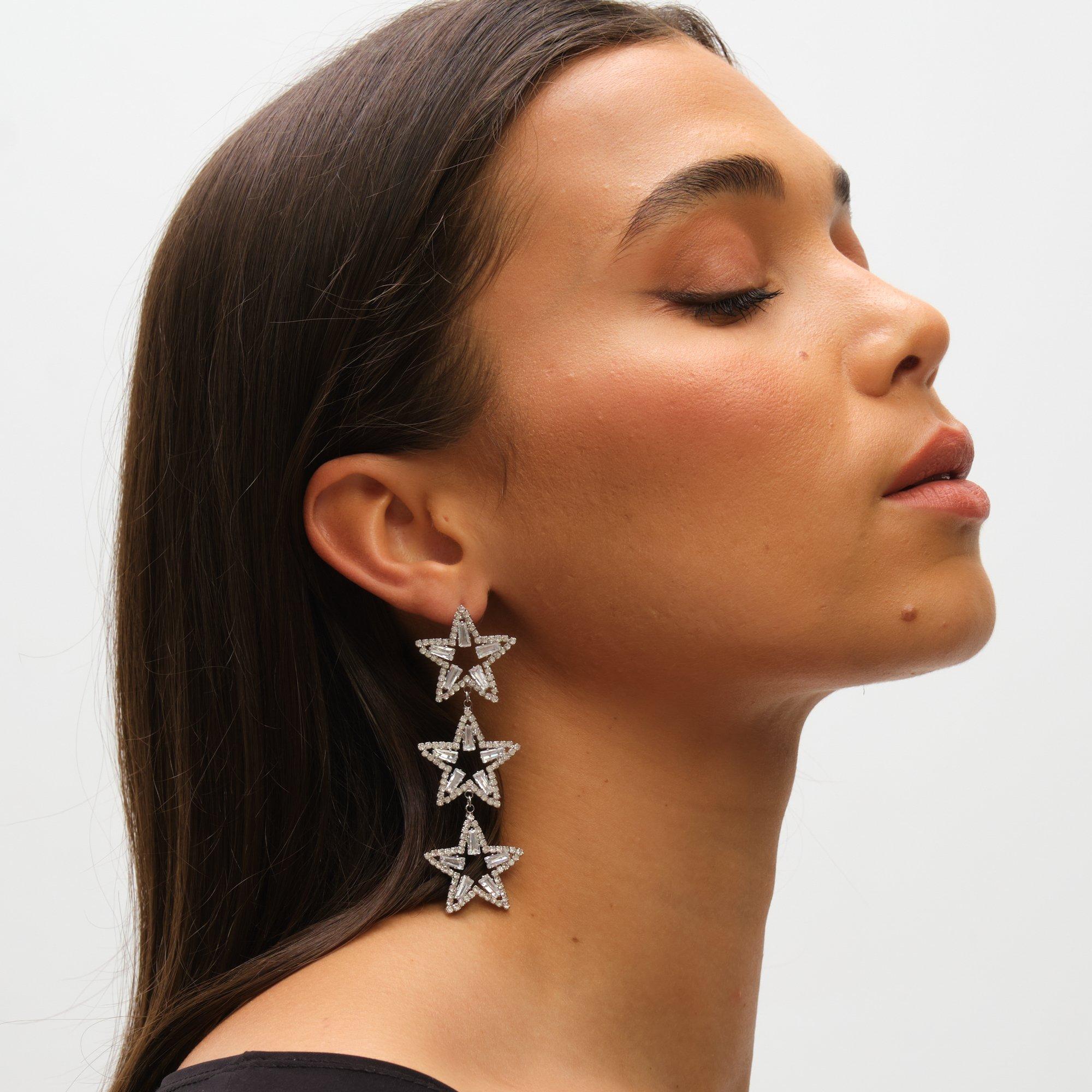 Silver - Mood - Silver Crystal Triple Star Statement Drop Earrings - 2