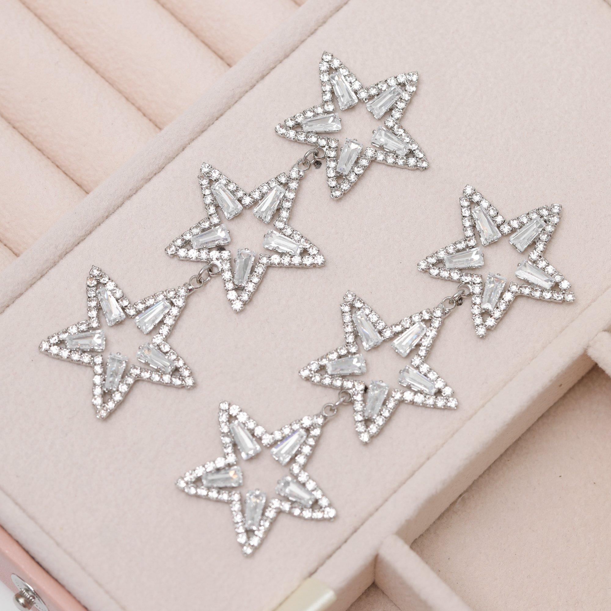 Silver - Mood - Silver Crystal Triple Star Statement Drop Earrings - 3