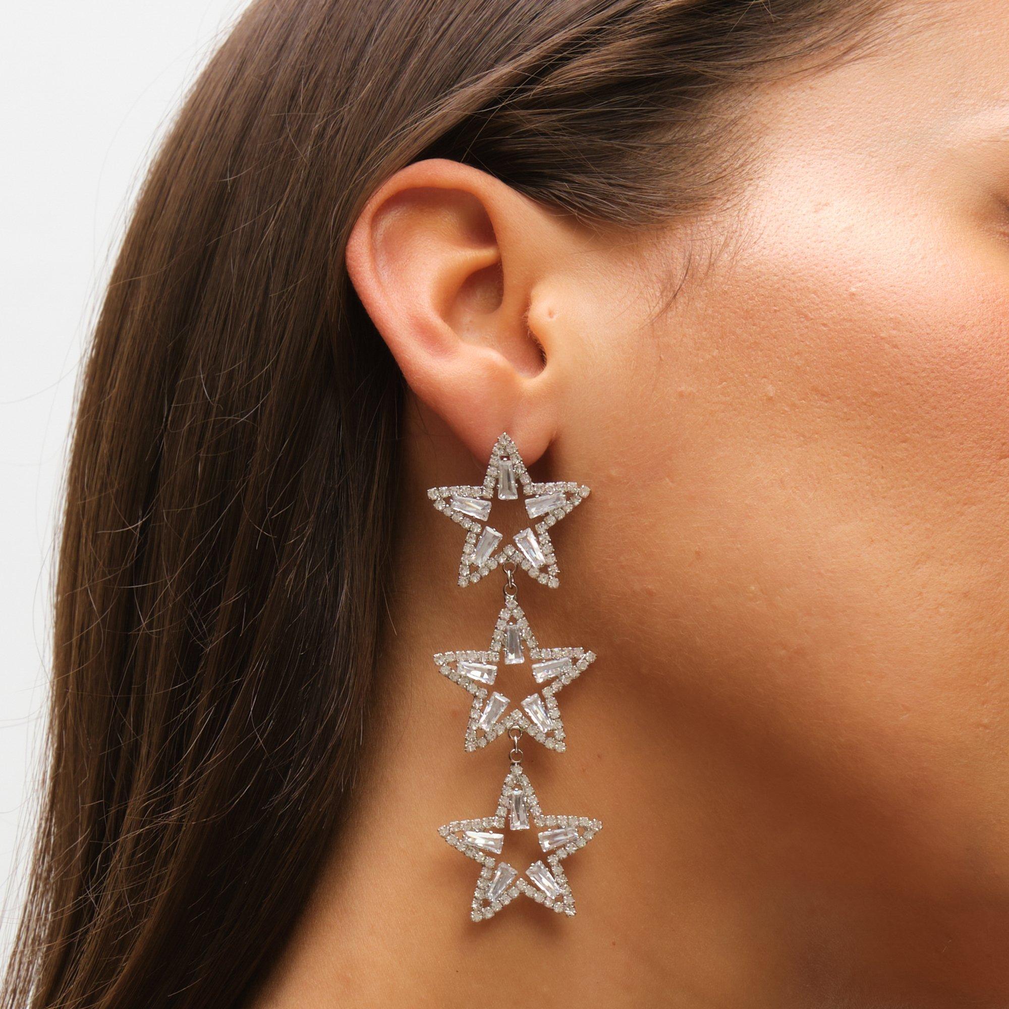 Silver - Mood - Silver Crystal Triple Star Statement Drop Earrings - 4