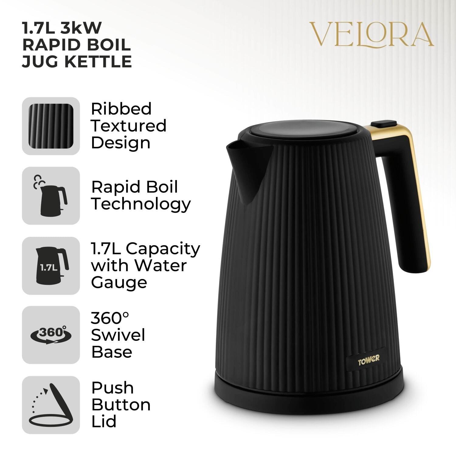 Matte Black - Tower - Tower Velora Electric Kettle 1.7L Rapid Boil 3kW - 2