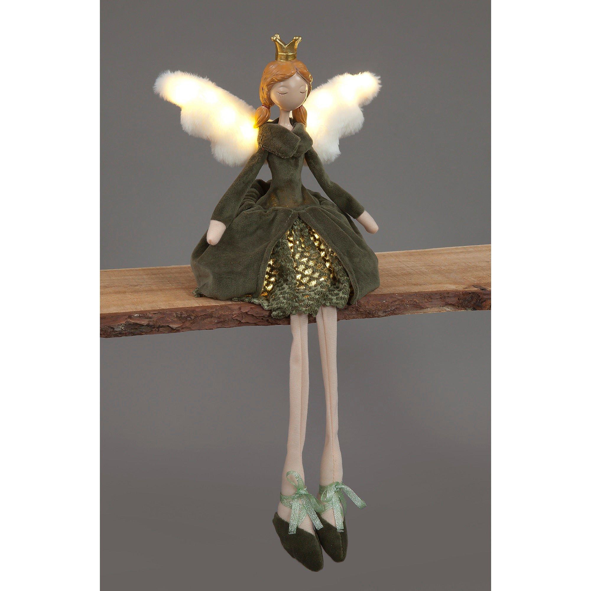 Green - Snowtime - Sitting Christmas Angel with Lit Fluffy Wings