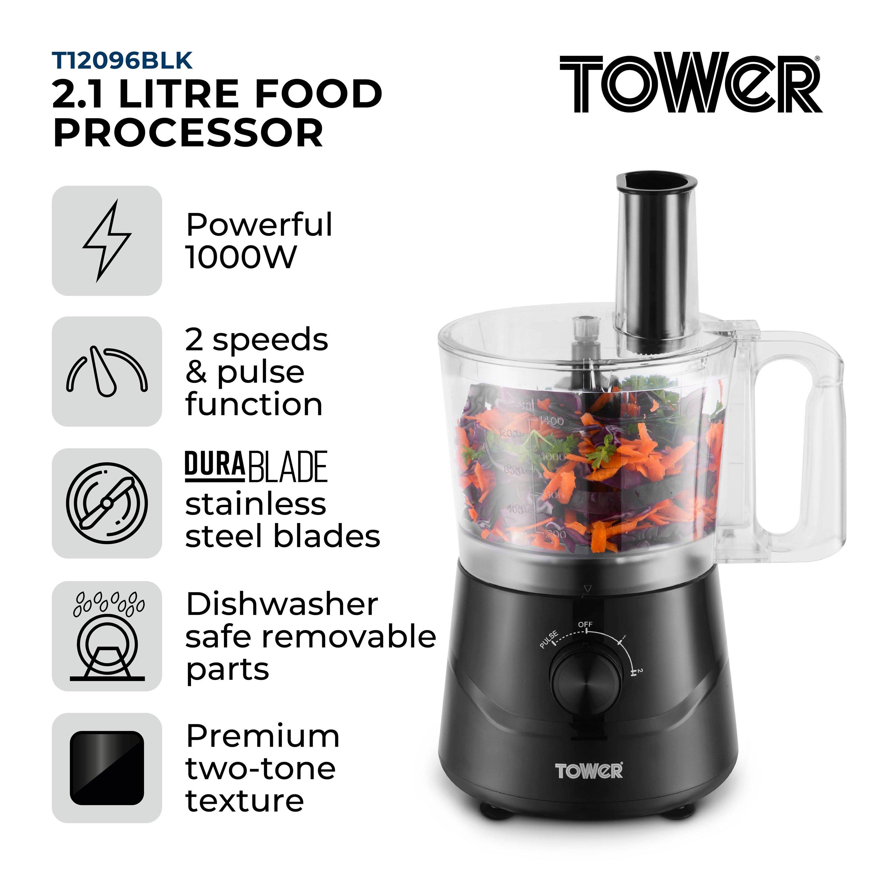 Black - Tower - Tower 1000W 2.1L Food Processor with 2 Speeds - 2